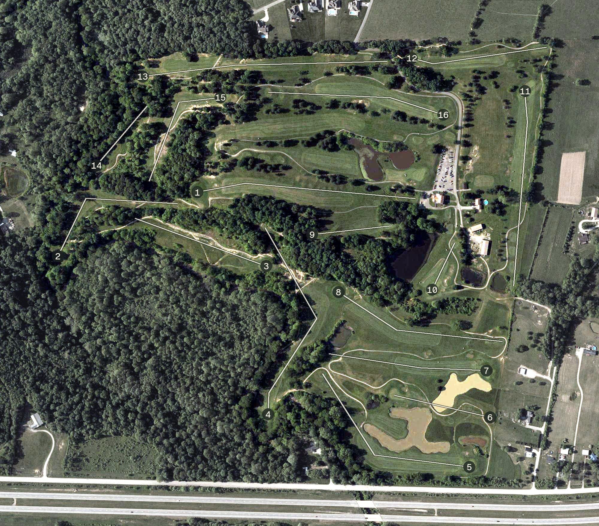Aerial view of Big Beaver Creek Golf Club, OH, with its hole routing marked