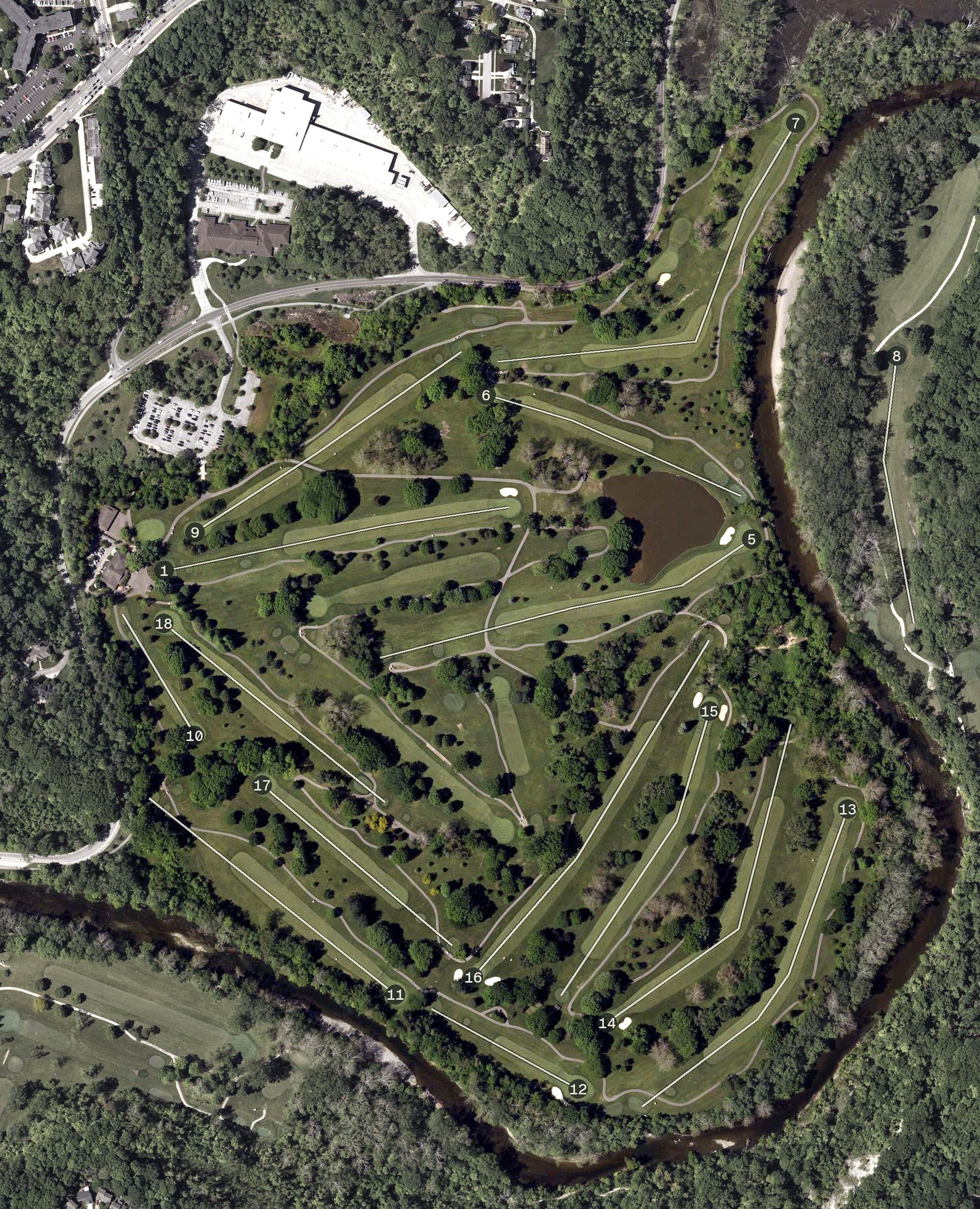 Aerial view of Big Met Golf Course, OH, with its hole routing marked