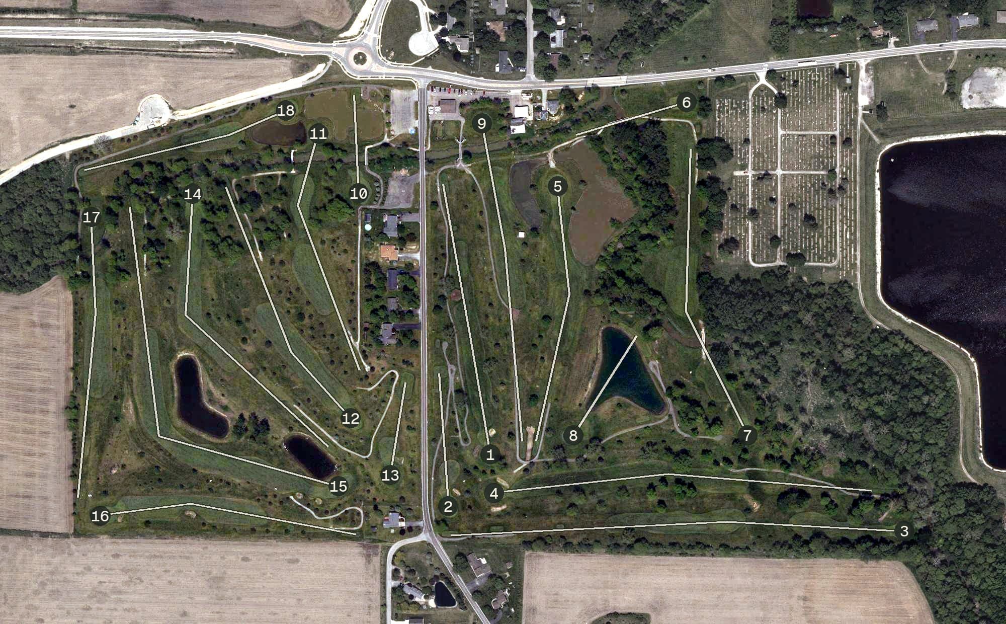 Aerial view of Birch Run Golf Club, OH, with its hole routing marked