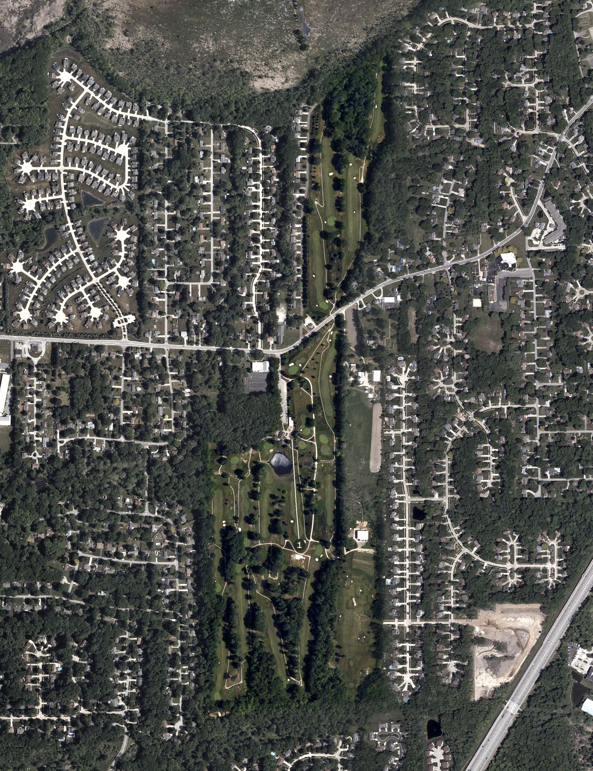 Aerial view of Black Brook Golf Club, OH, with its hole routing marked