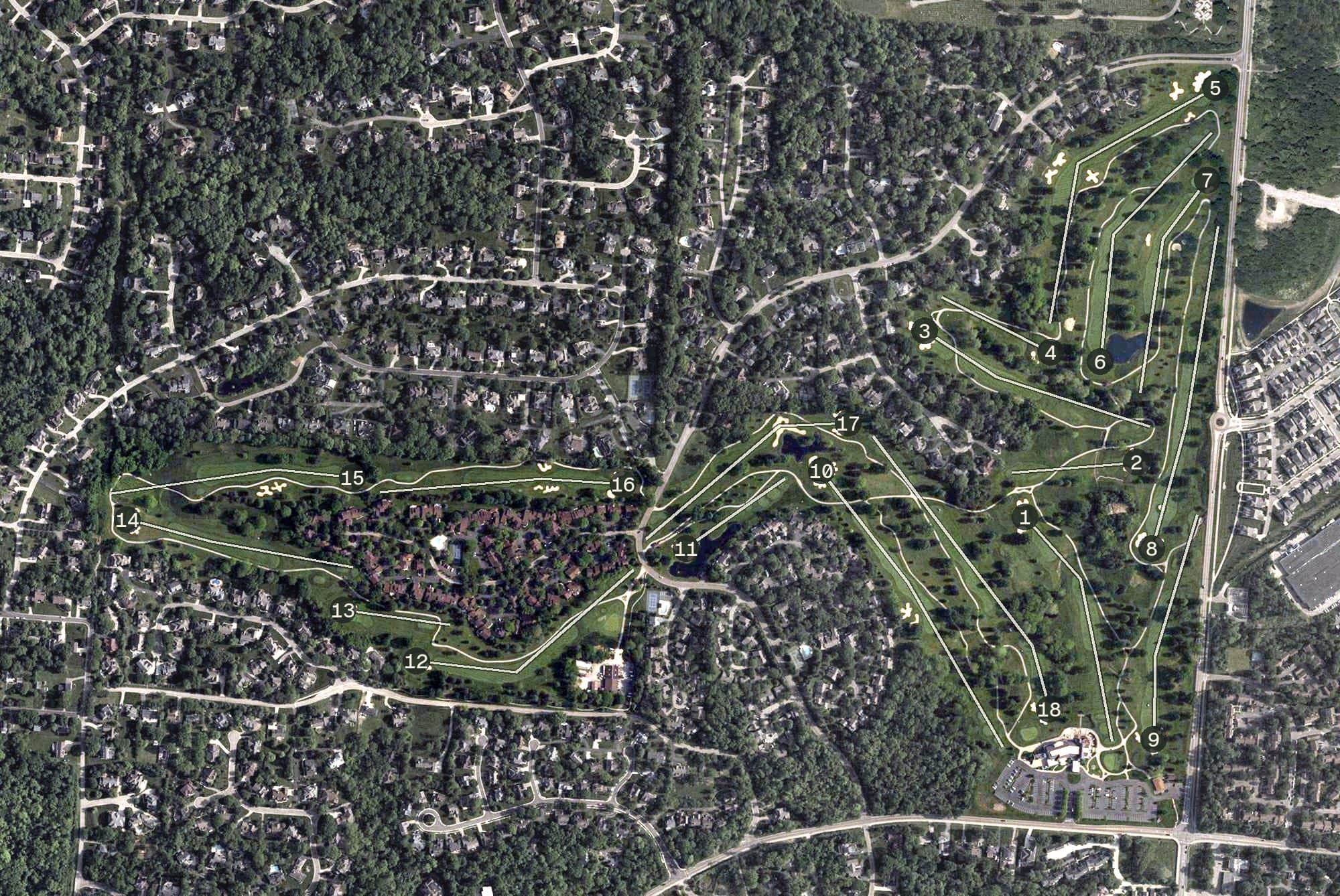 Aerial view of Blue Ash Golf Course, OH, with its hole routing marked