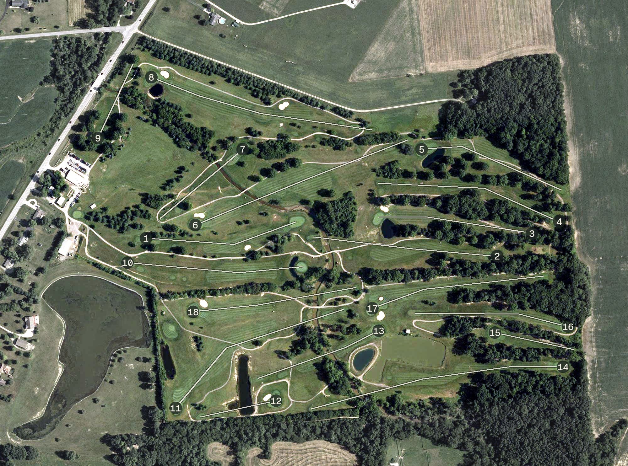 Aerial view of Blues Creek Golf Club, OH, with its hole routing marked