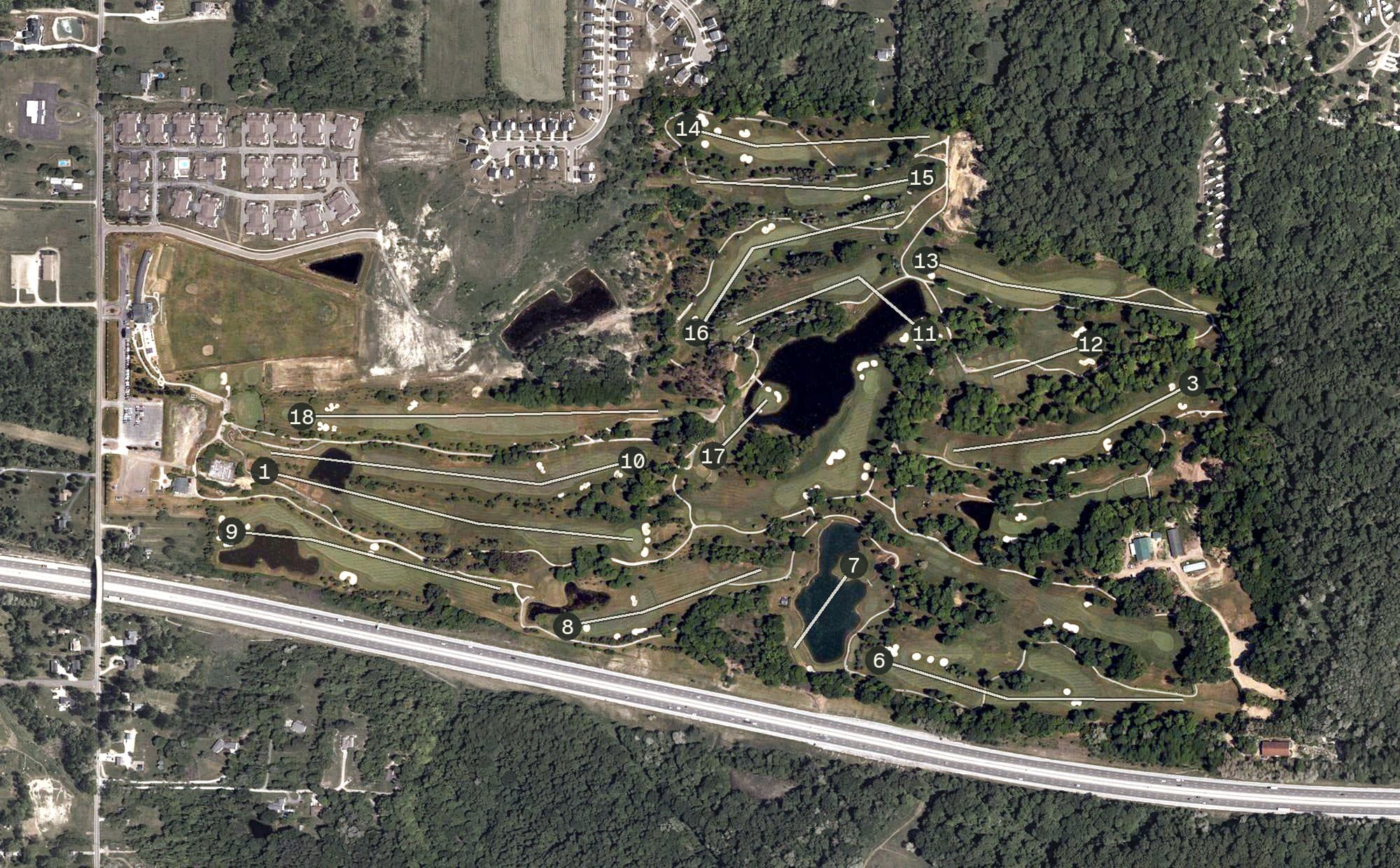 Aerial view of Boulder Creek Golf Club, OH, with its hole routing marked