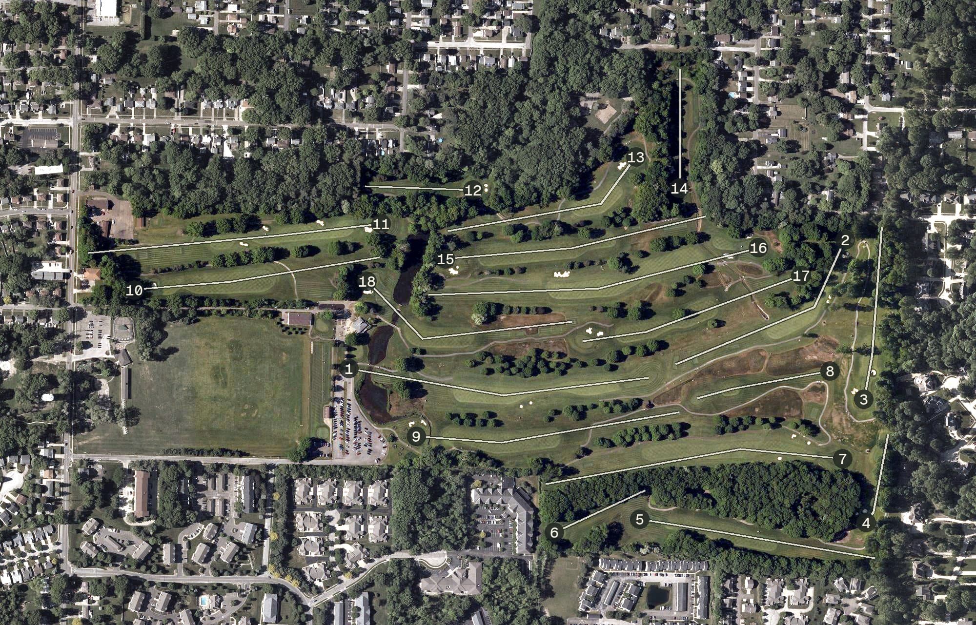 Aerial view of Brookledge Golf Course, OH, with its hole routing marked