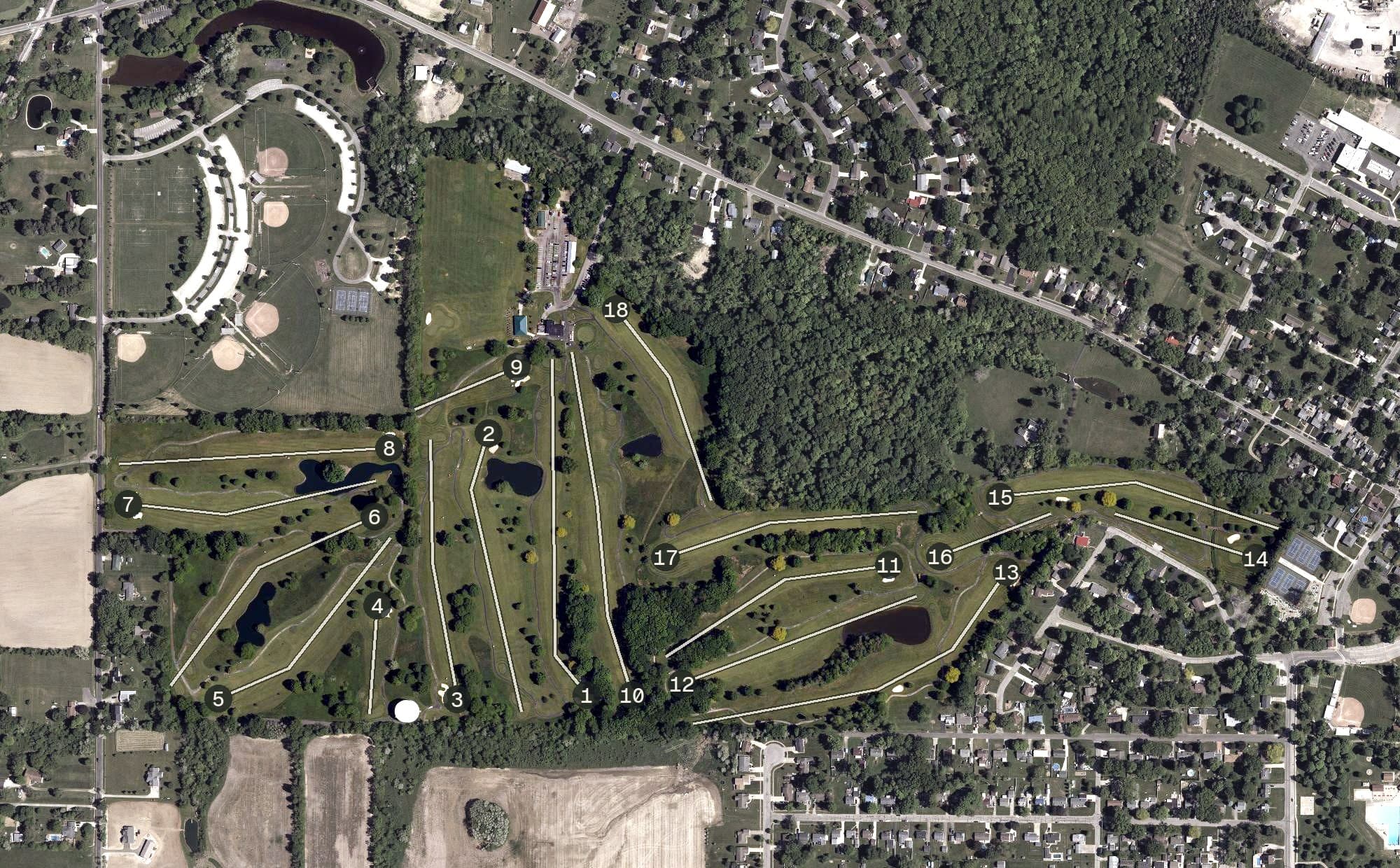 Aerial view of Brookside Golf Course, OH, with its hole routing marked