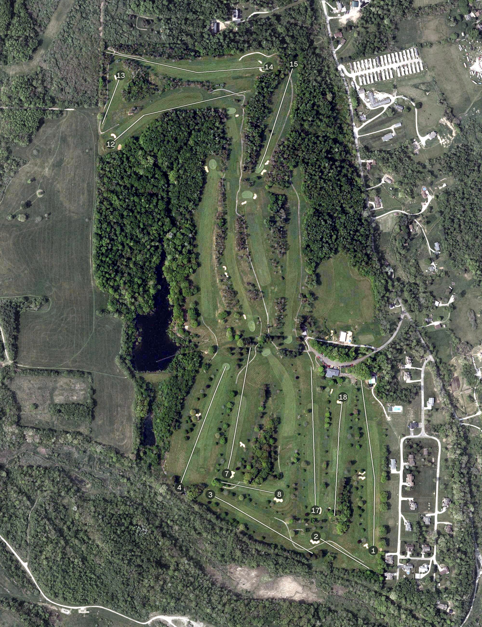 Aerial view of Cadiz Country Club, OH, with its hole routing marked