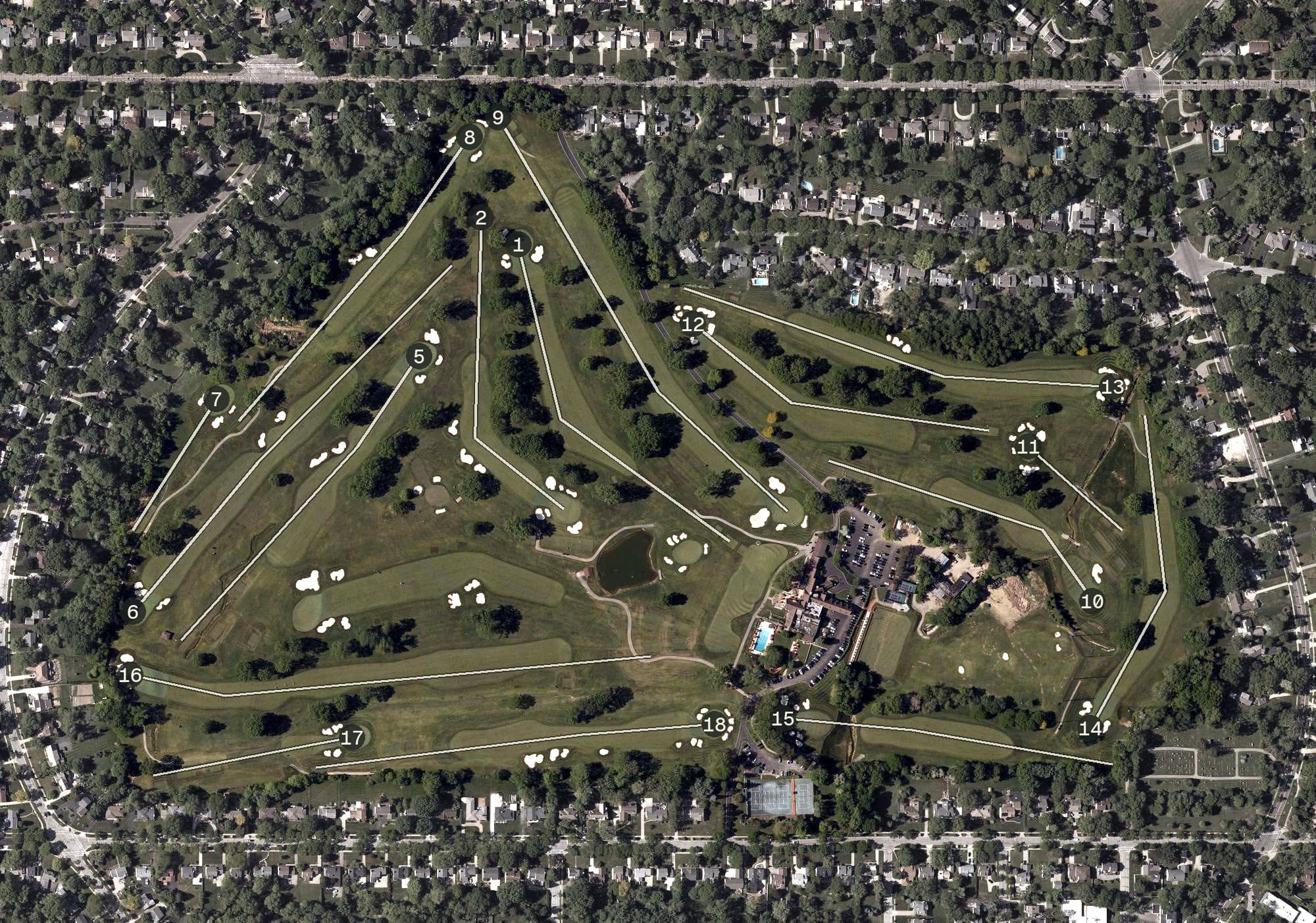 Aerial view of Canterbury Golf Club, OH, with its hole routing marked