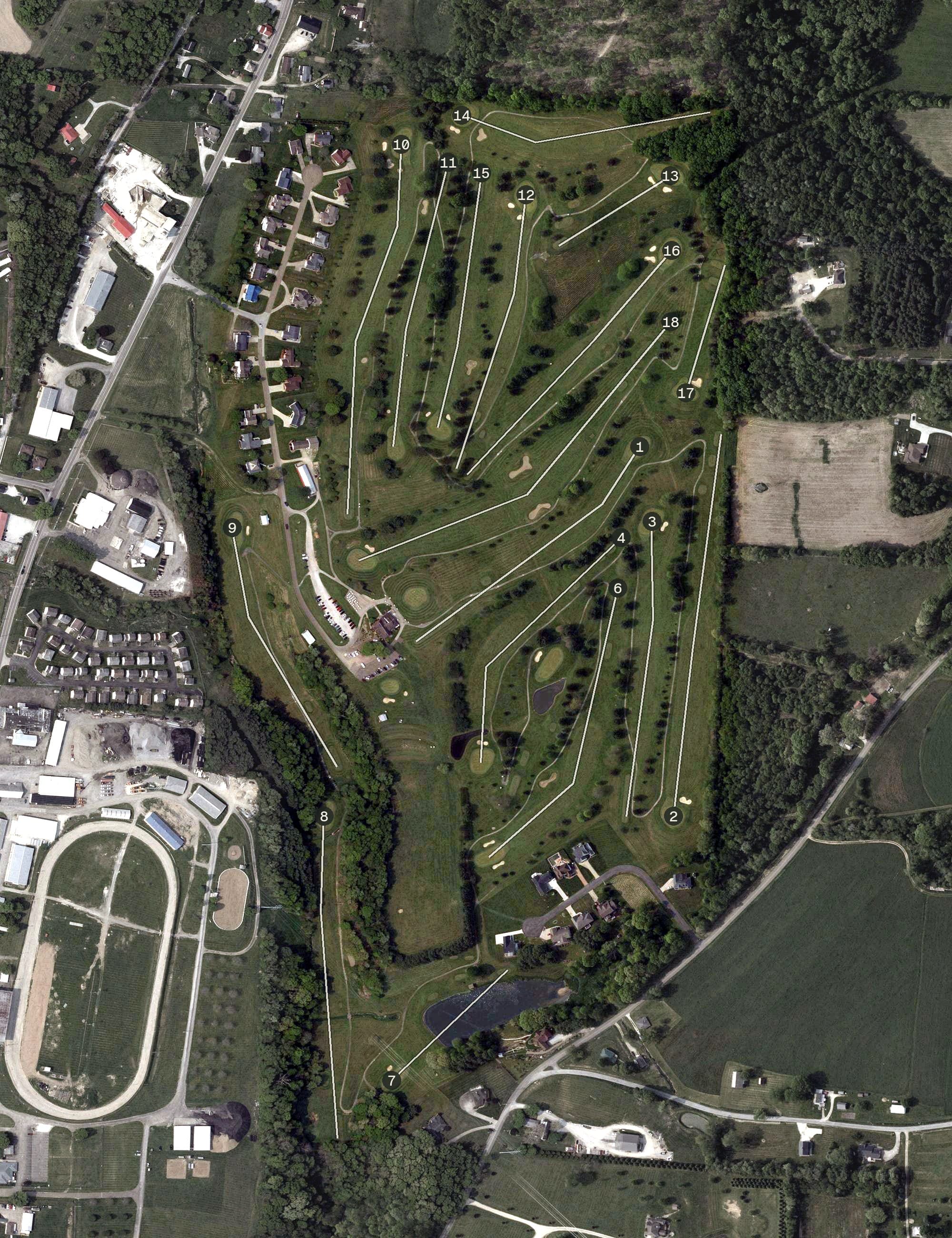 Aerial view of Carroll Meadows golf course, OH, with its hole routing marked