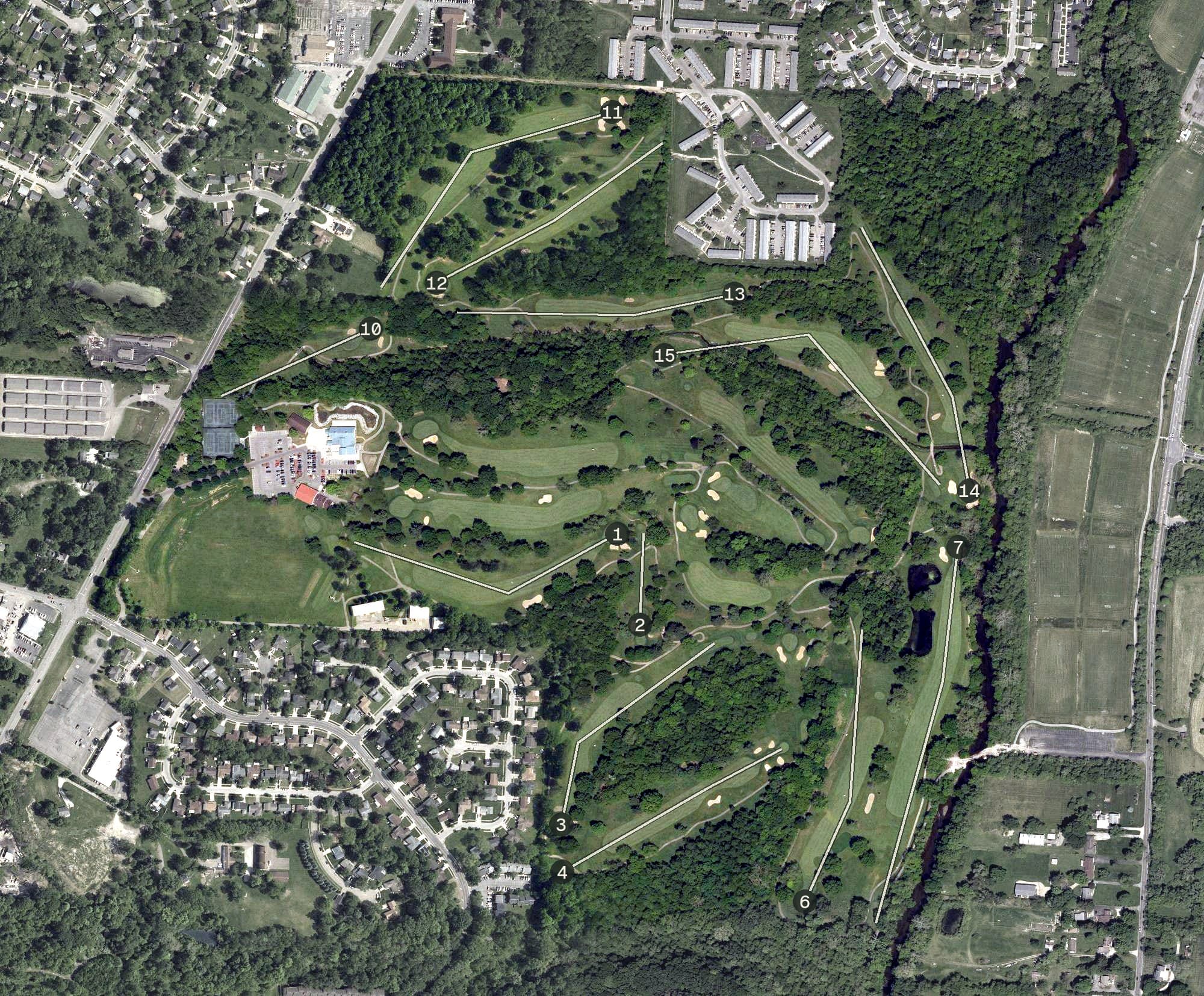 Aerial view of Champions Golf Course, OH, with its hole routing marked