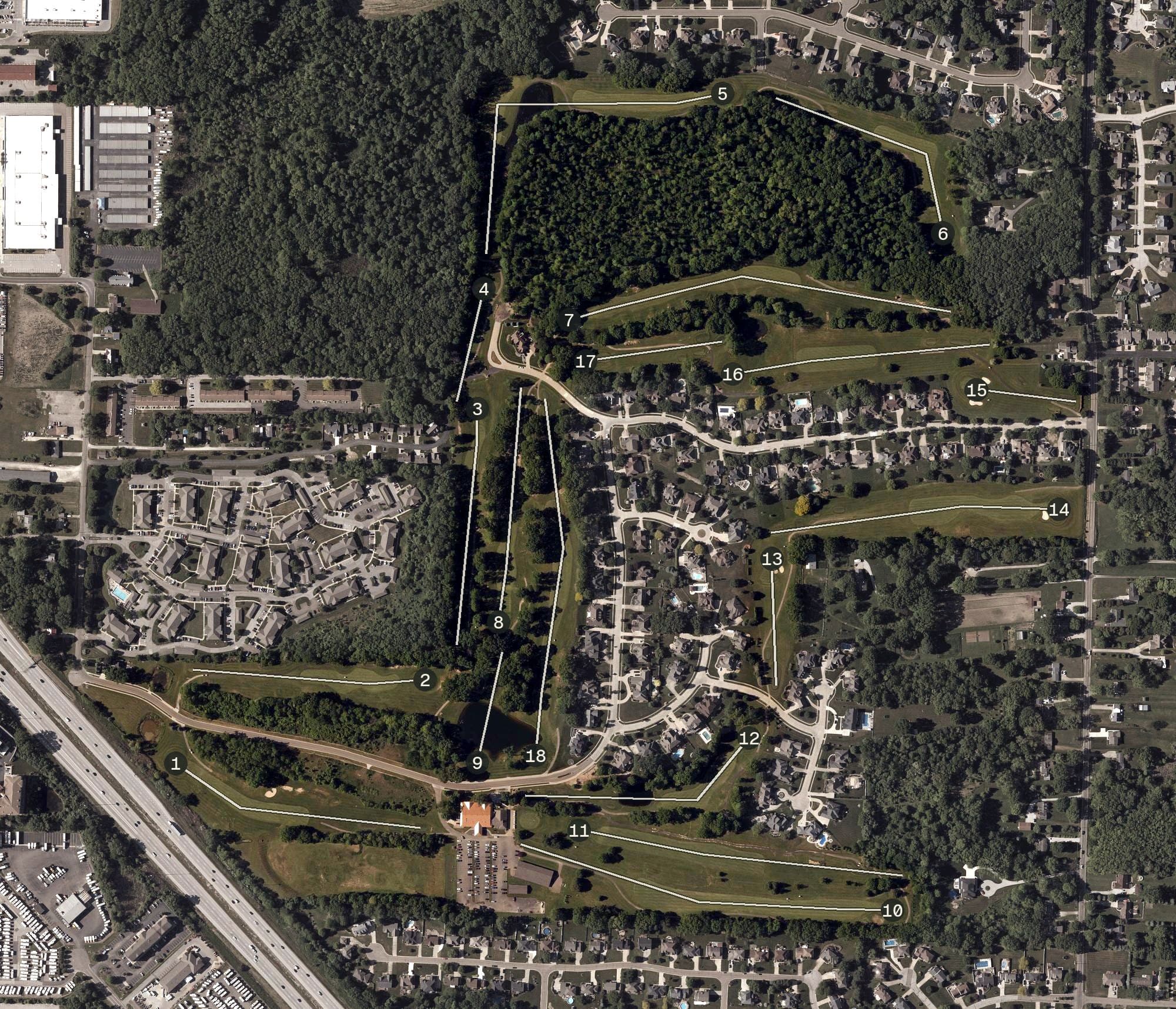 Aerial view of Chenoweth, OH, with its hole routing marked