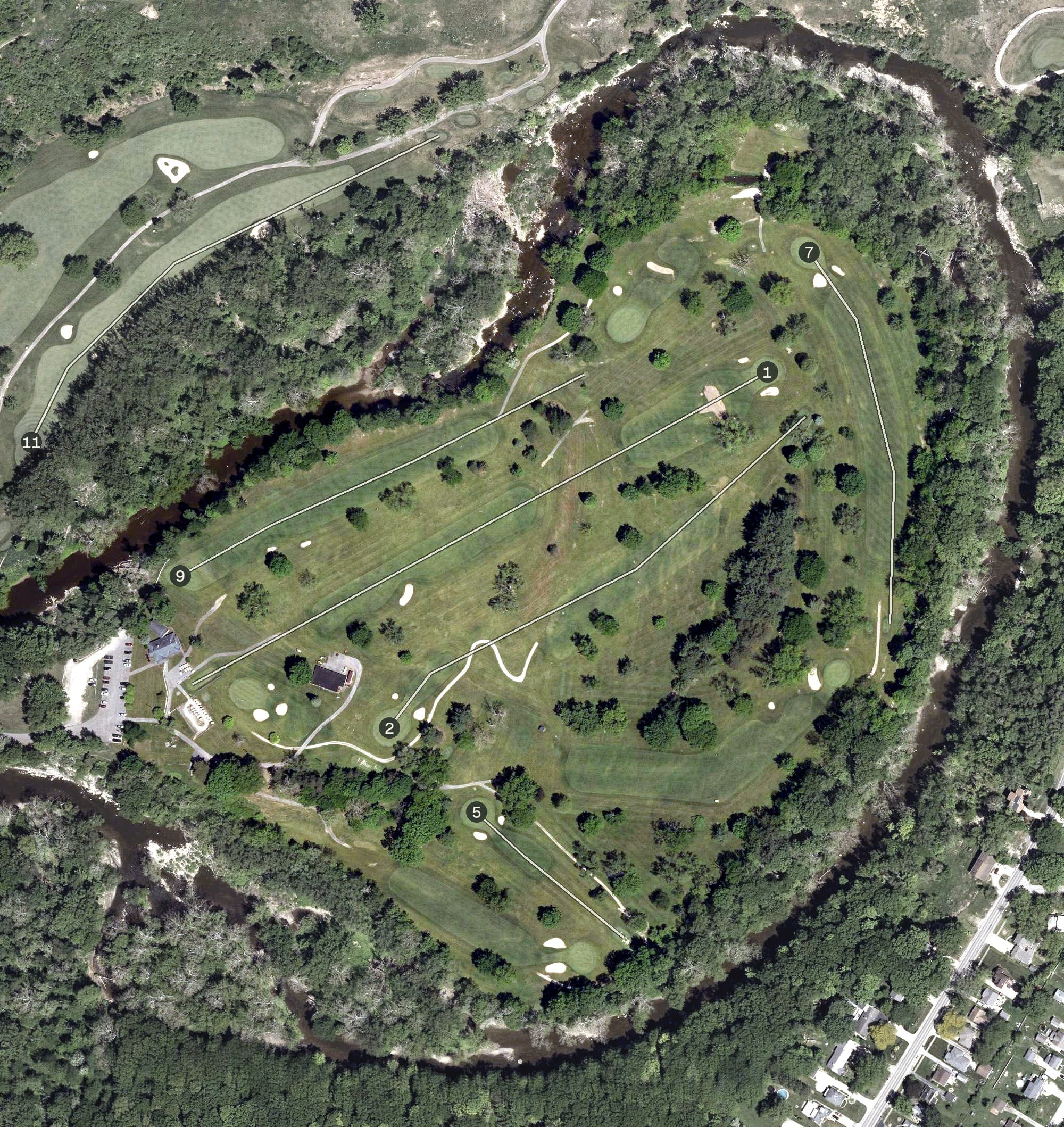 Aerial view of Cherry Ridge, OH, with its hole routing marked