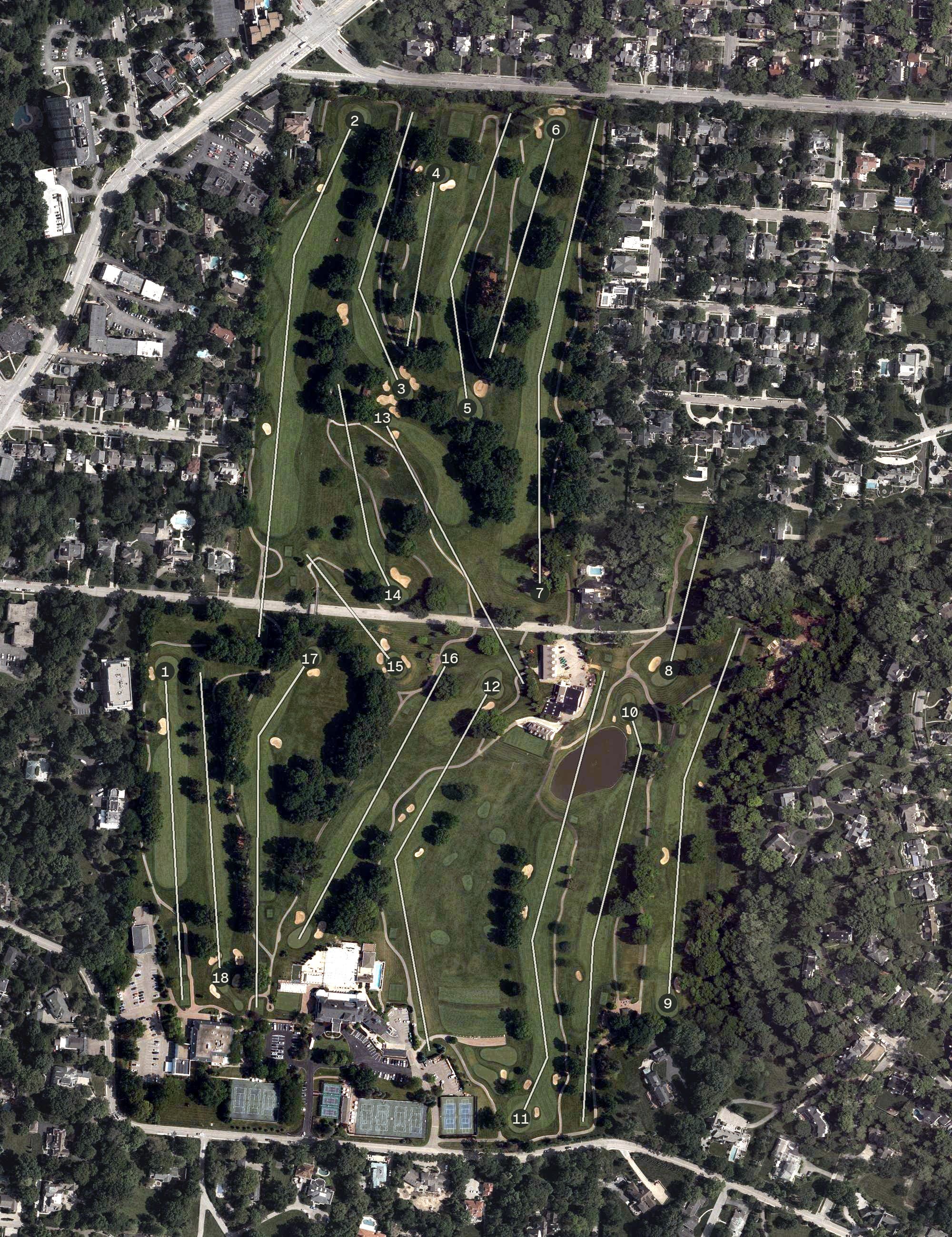 Aerial view of Cincinnati Country Club, OH, with its hole routing marked
