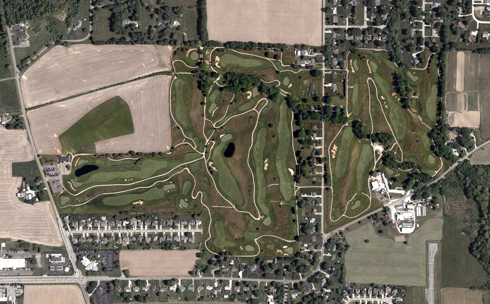 Aerial view of Circling Hills Golf Course, OH, with its hole routing marked