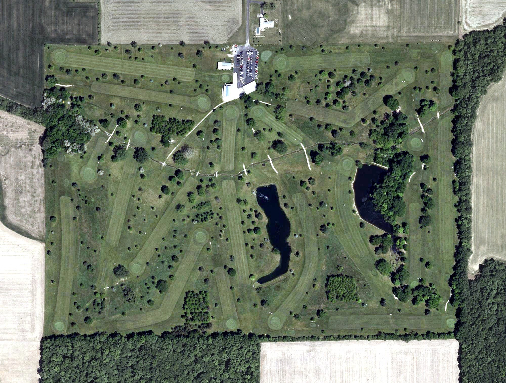 Aerial view of Clinton Heights Golf, OH, with its hole routing marked