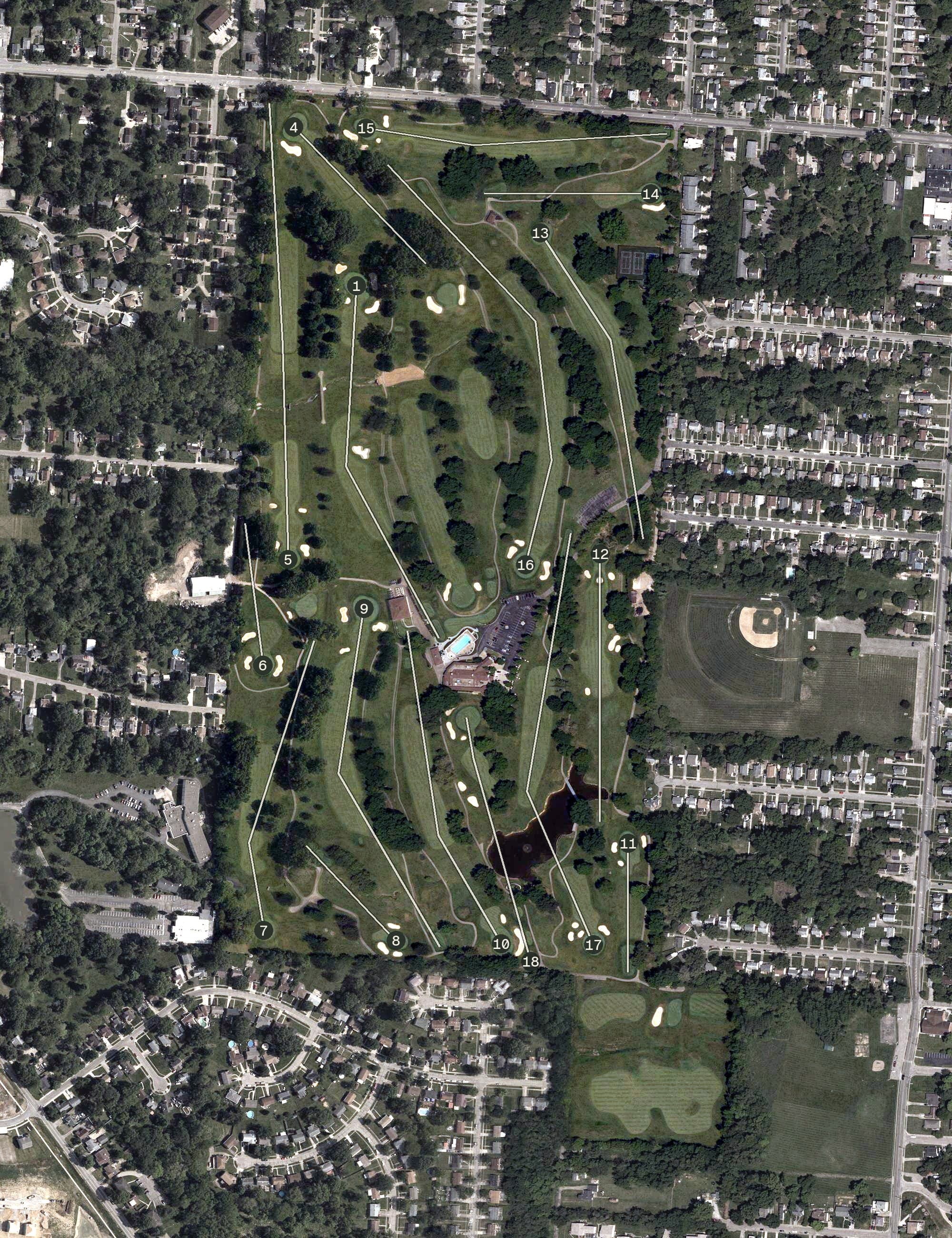 Aerial view of Clovernook Country Club, OH, with its hole routing marked
