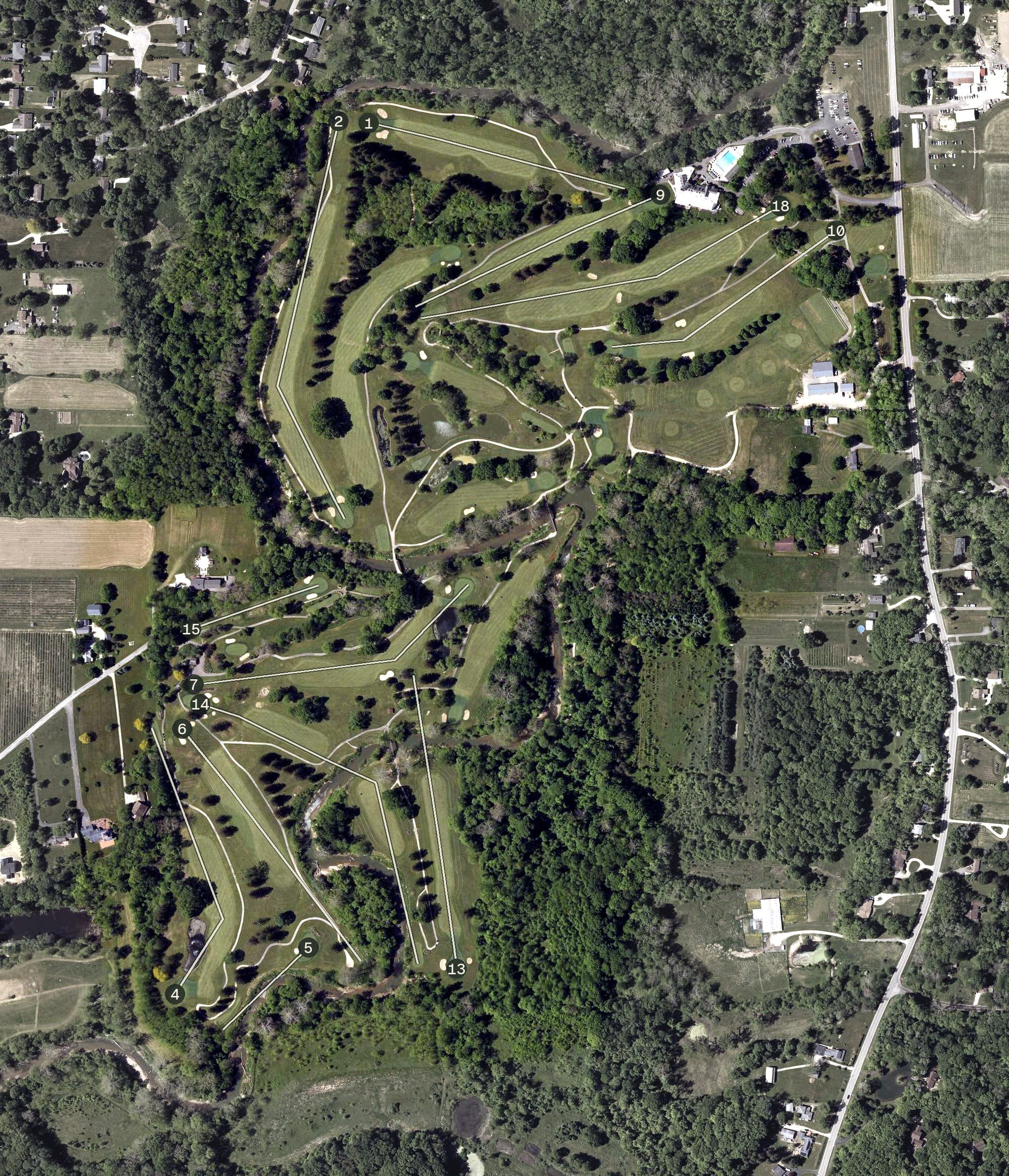 Aerial view of Columbia Hills Golf and Swim Club, OH, with its hole routing marked