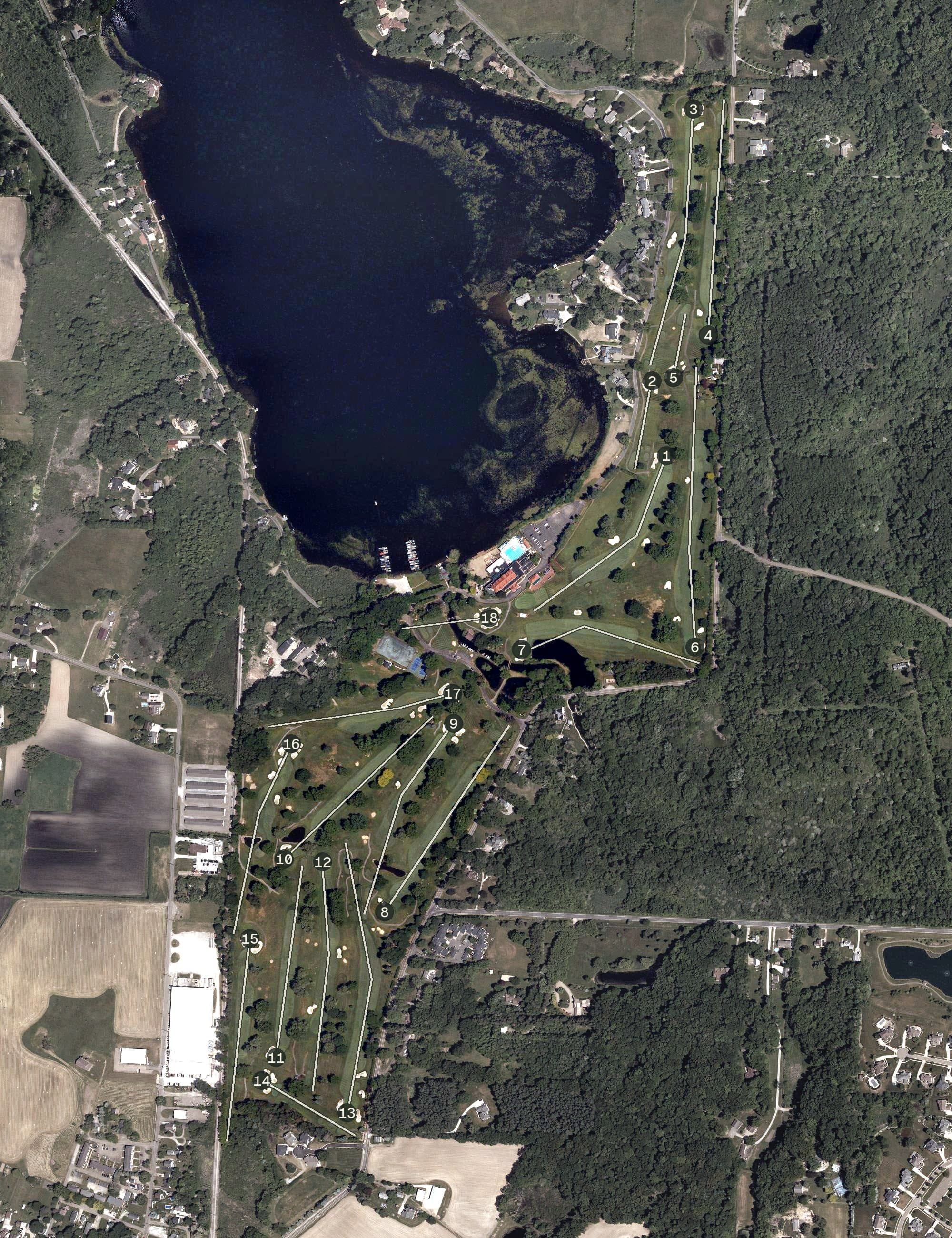 Aerial view of Congress Lake Golf Club, OH, with its hole routing marked