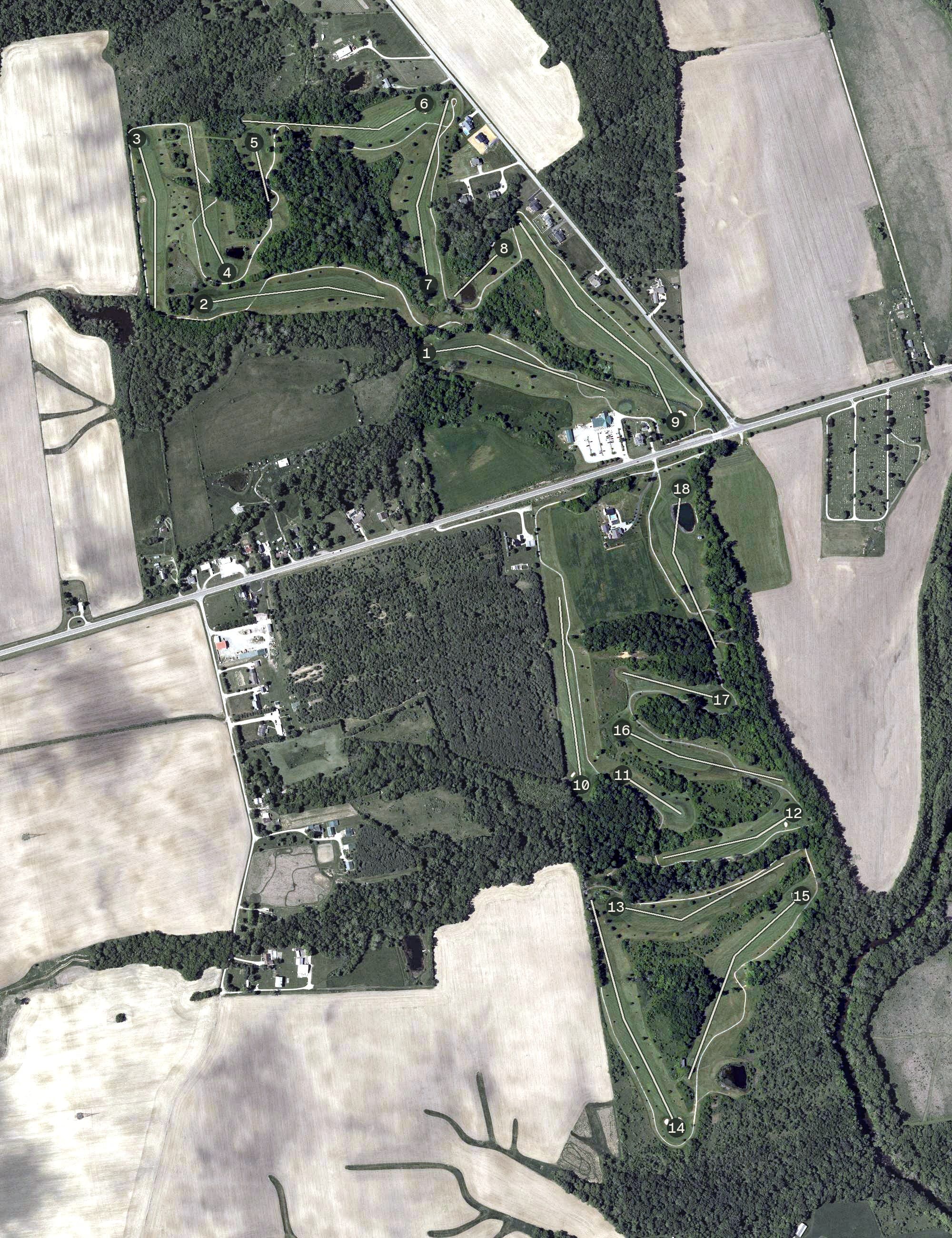 Aerial view of Crown Hill Golf Club, OH, with its hole routing marked