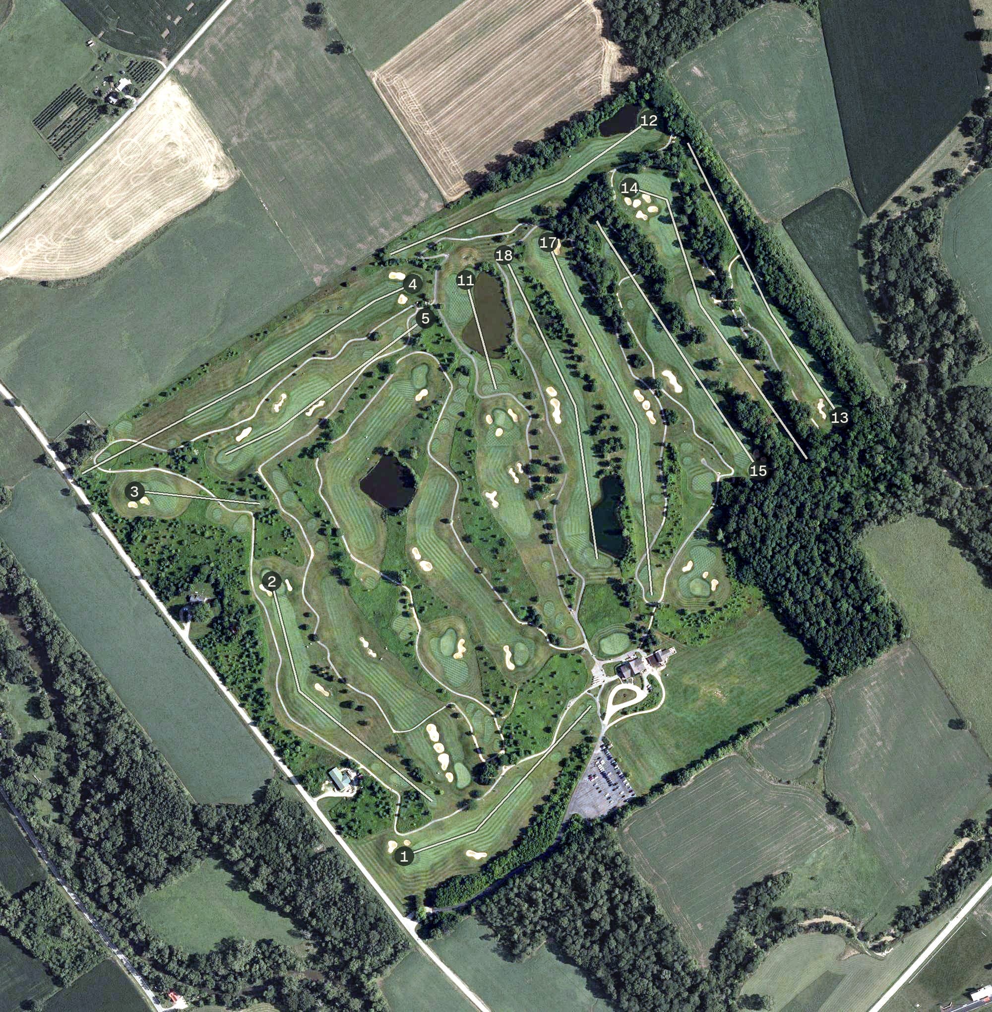 Aerial view of Darby Creek Golf Course, OH, with its hole routing marked