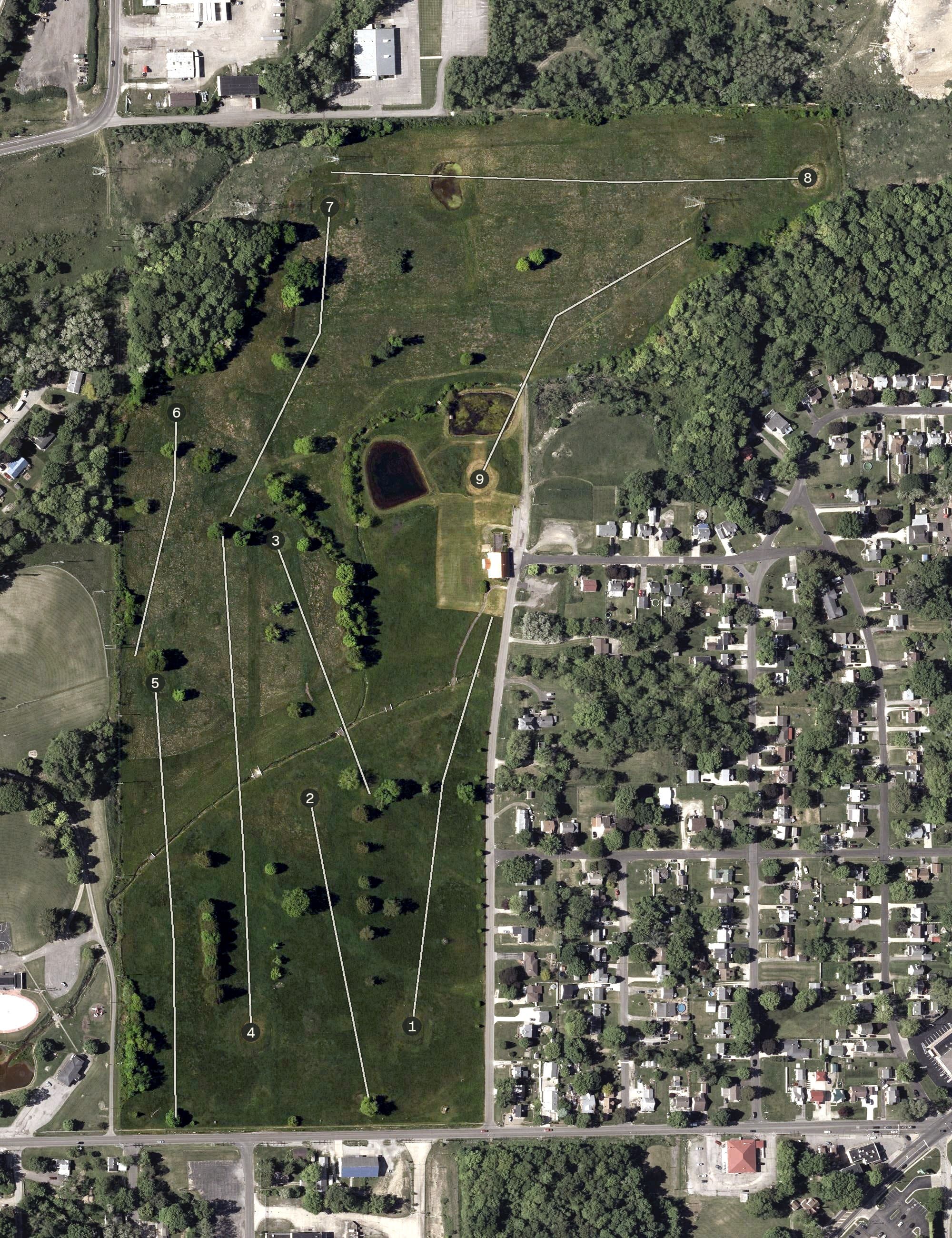 Aerial view of Dawson Ridge Golf Course, OH, with its hole routing marked