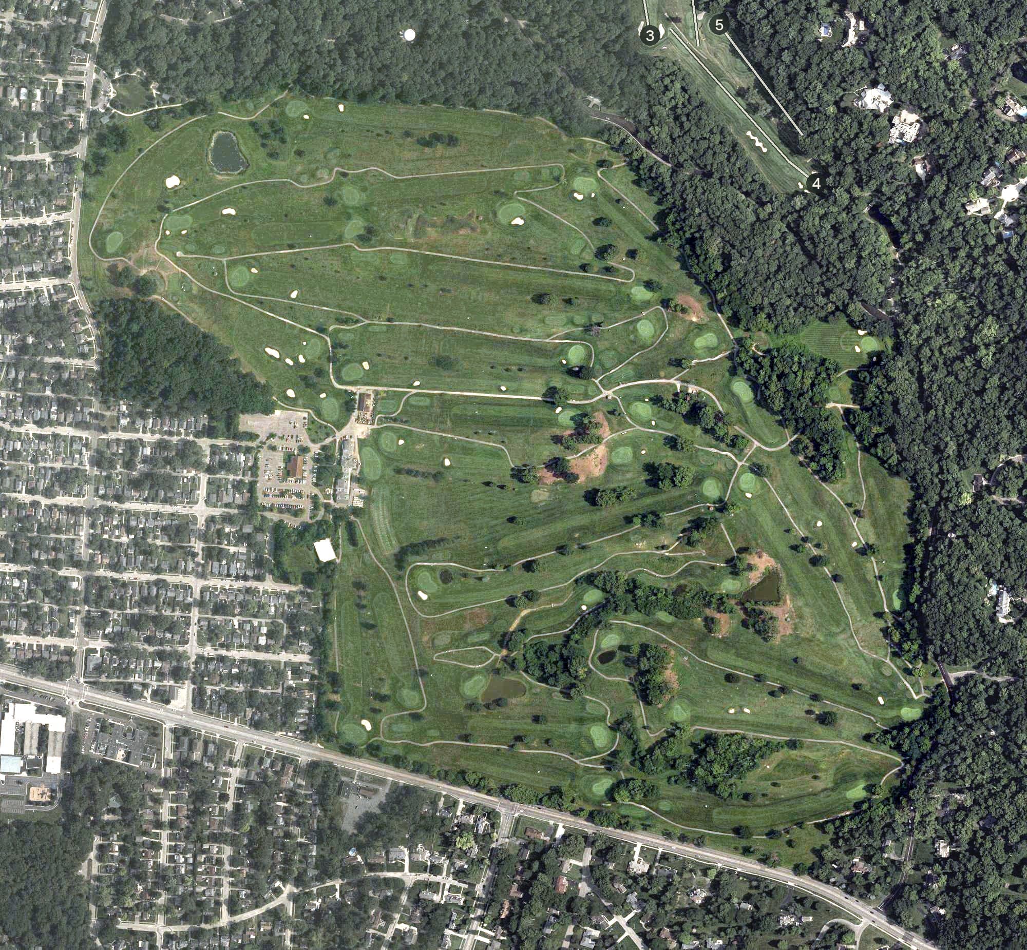 Aerial view of Dayton Community Golf Club, OH, with its hole routing marked