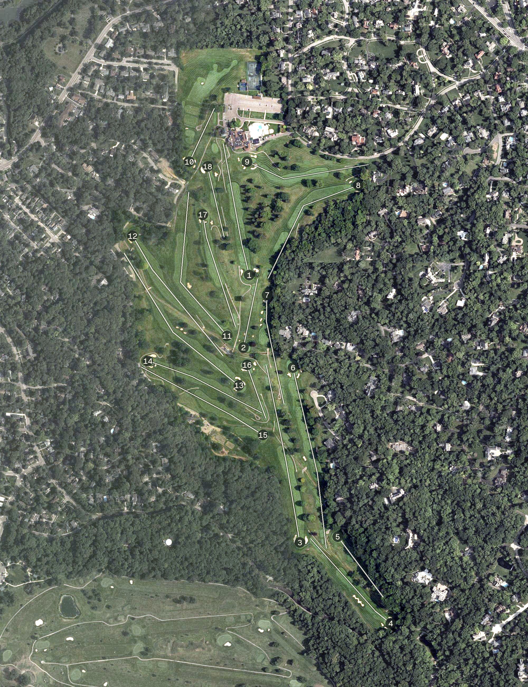 Aerial view of Dayton Country Club, OH, with its hole routing marked