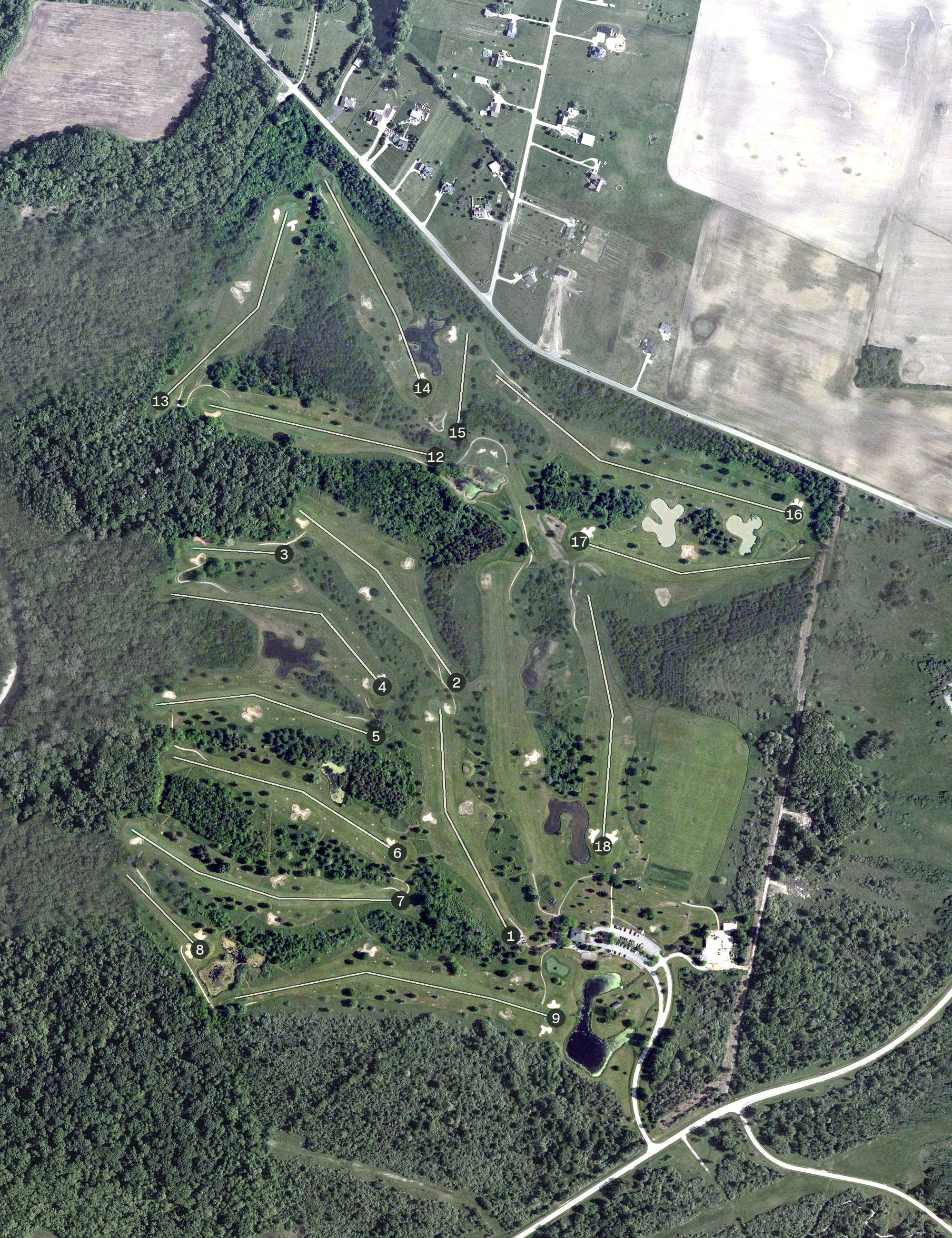 Aerial view of Deer Creek State Park Golf Course, OH, with its hole routing marked