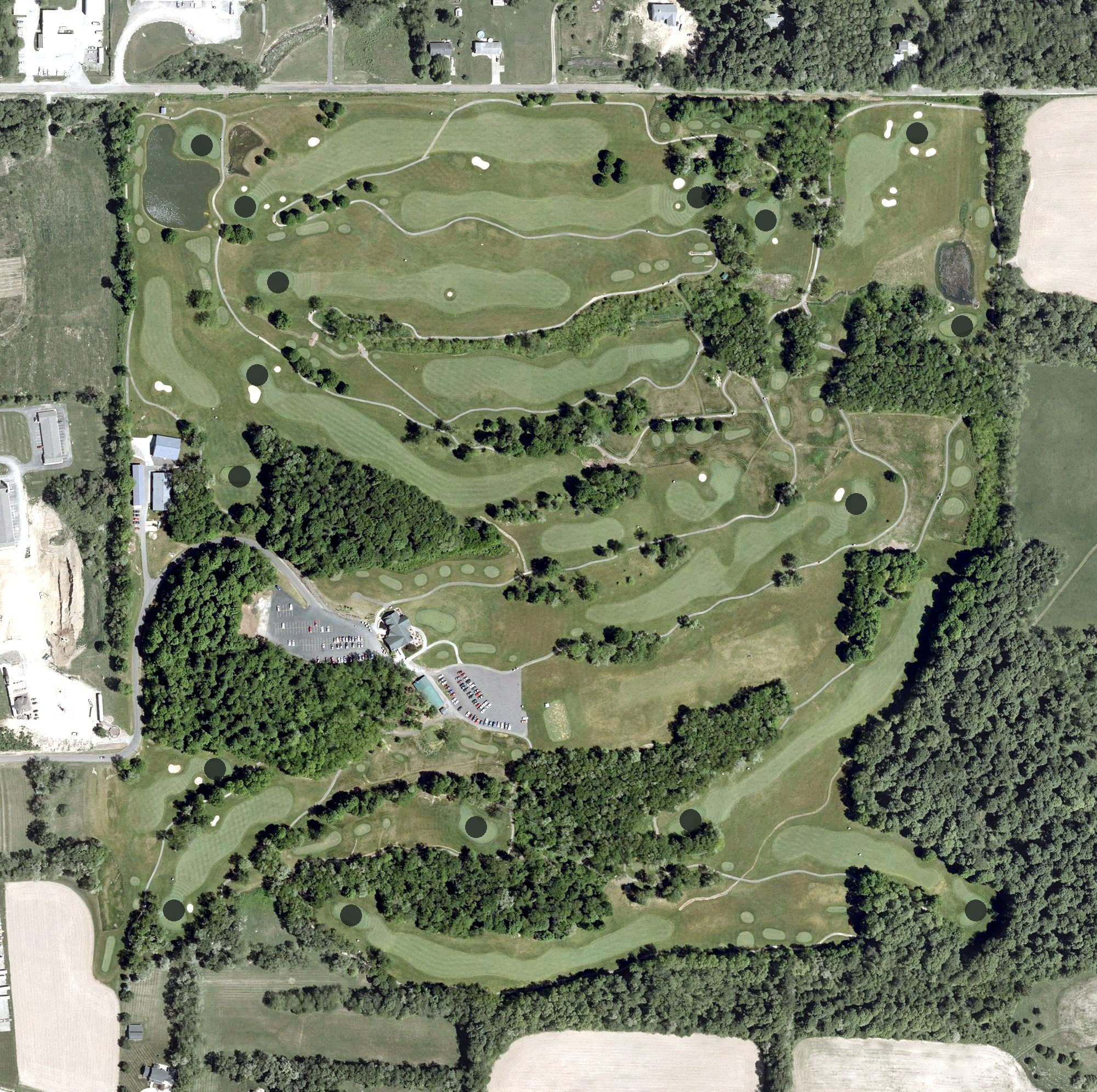 Aerial view of Deer Ridge Golf Club, OH, with its hole routing marked
