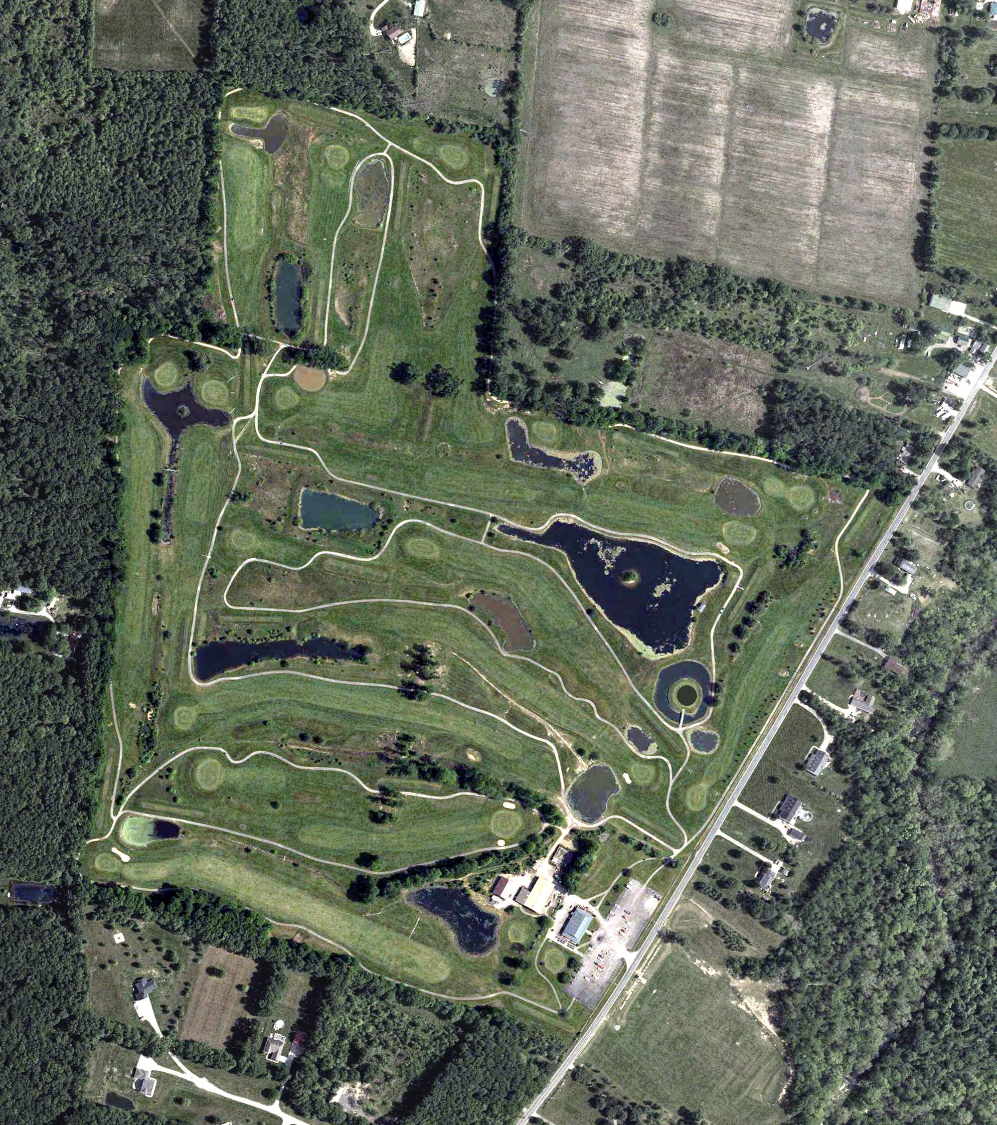 Aerial view of Deer Track Golf Course, OH, with its hole routing marked