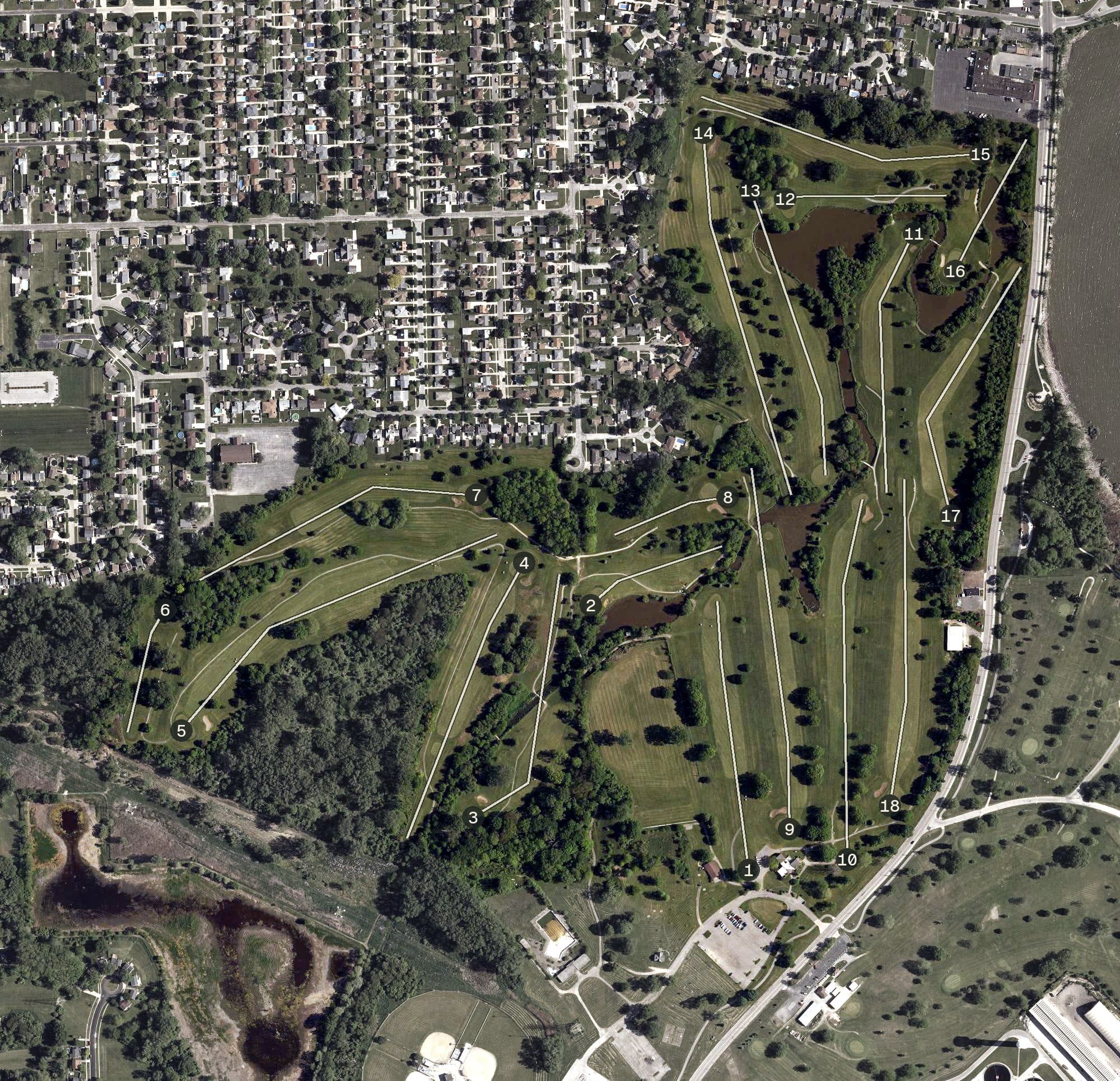 Aerial view of Detwiler Golf Course, OH, with its hole routing marked