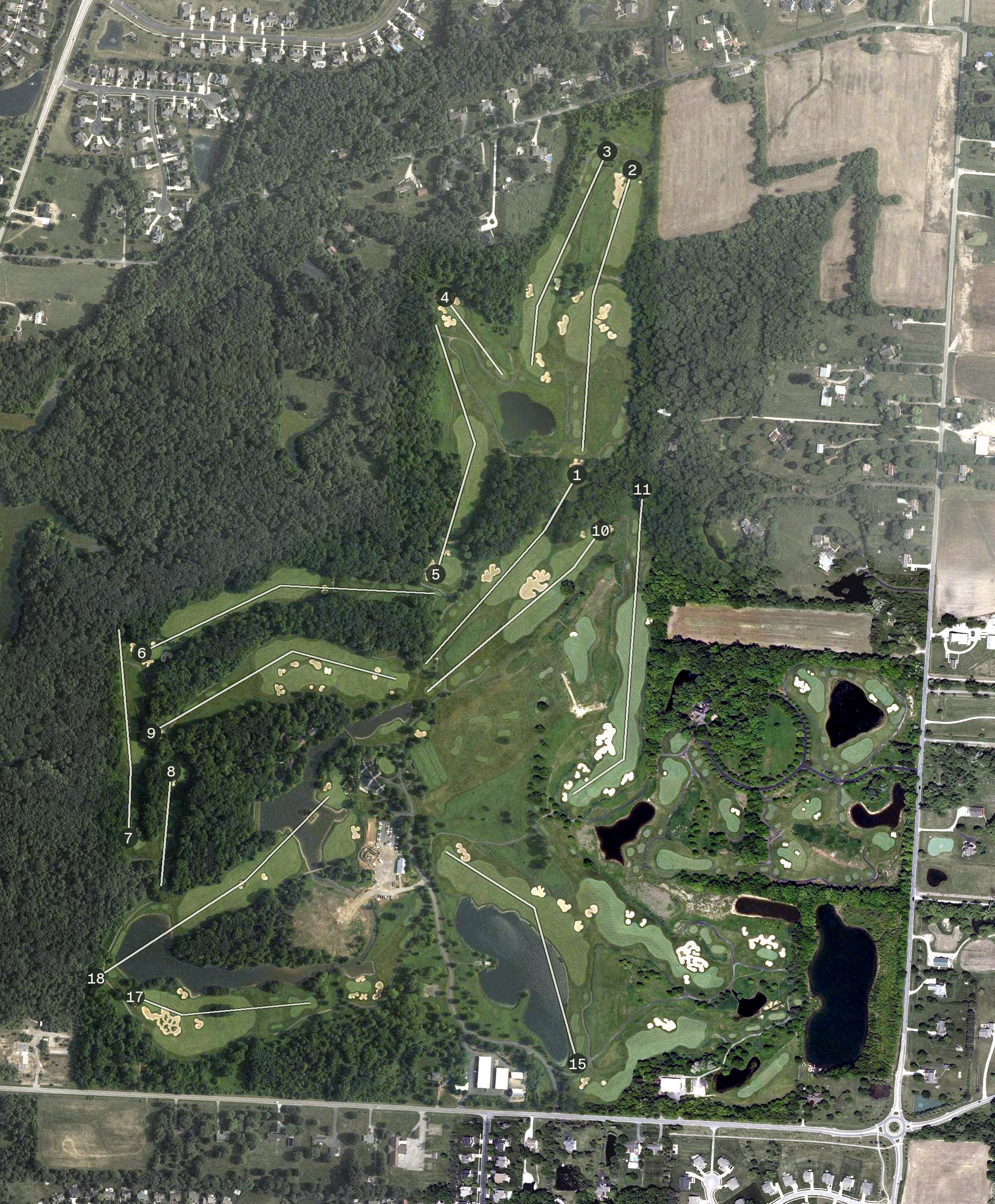 Aerial view of Double Eagle Golf Club, OH, with its hole routing marked