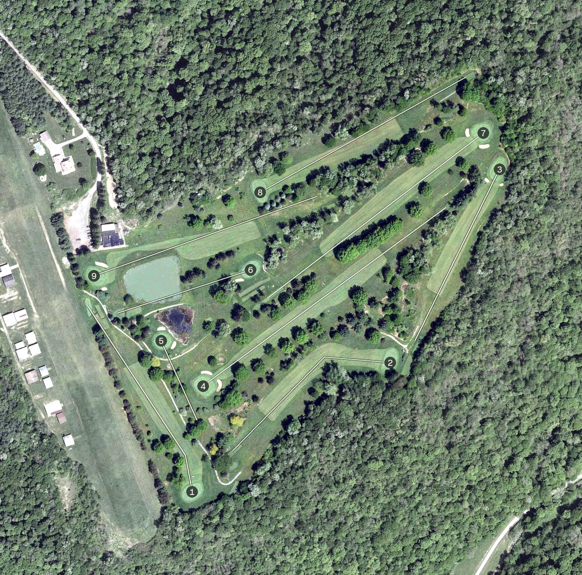 Aerial view of Dyer Country Club, OH, with its hole routing marked