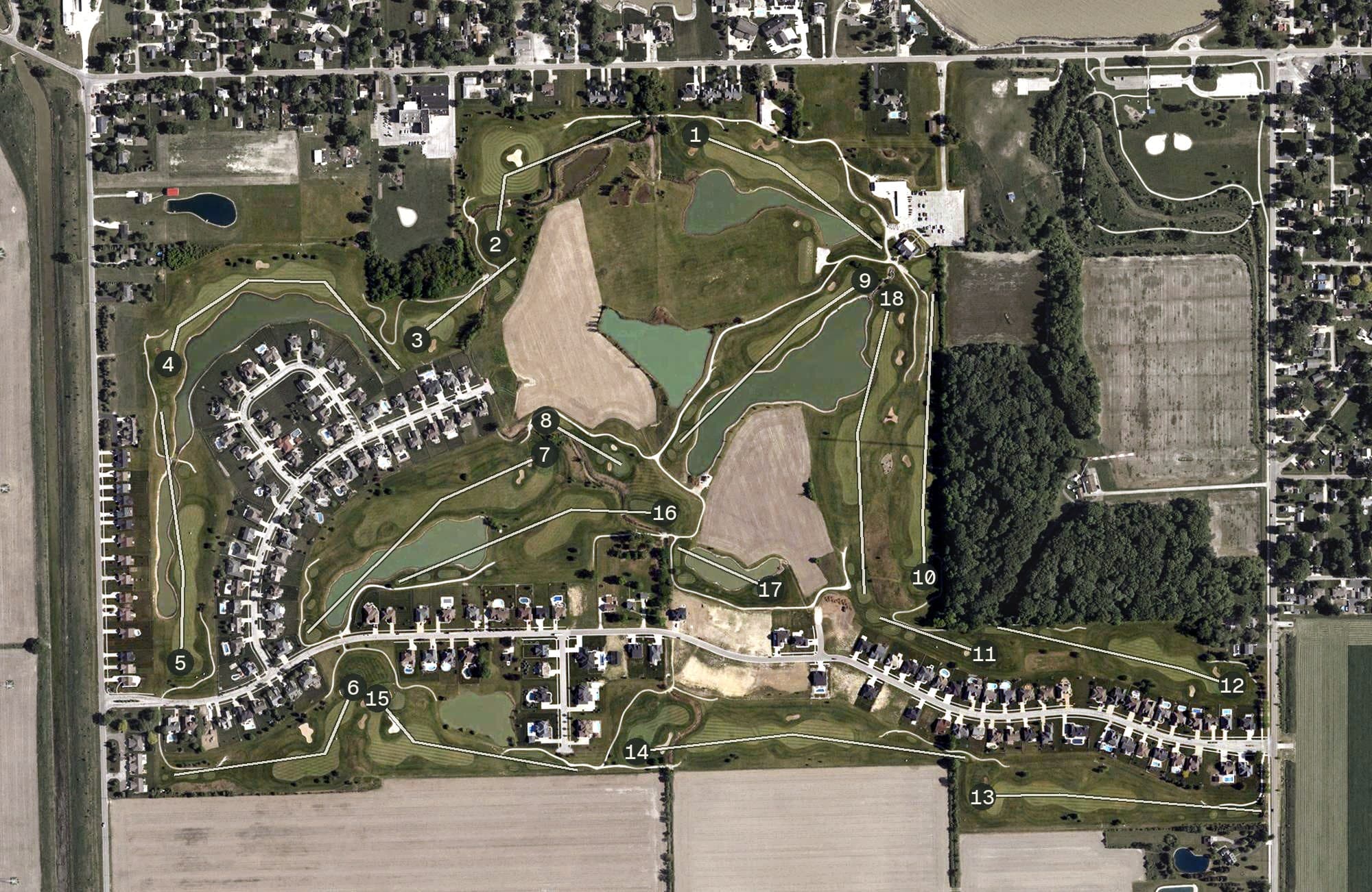 Aerial view of Eagles Landing Golf Course, OH, with its hole routing marked