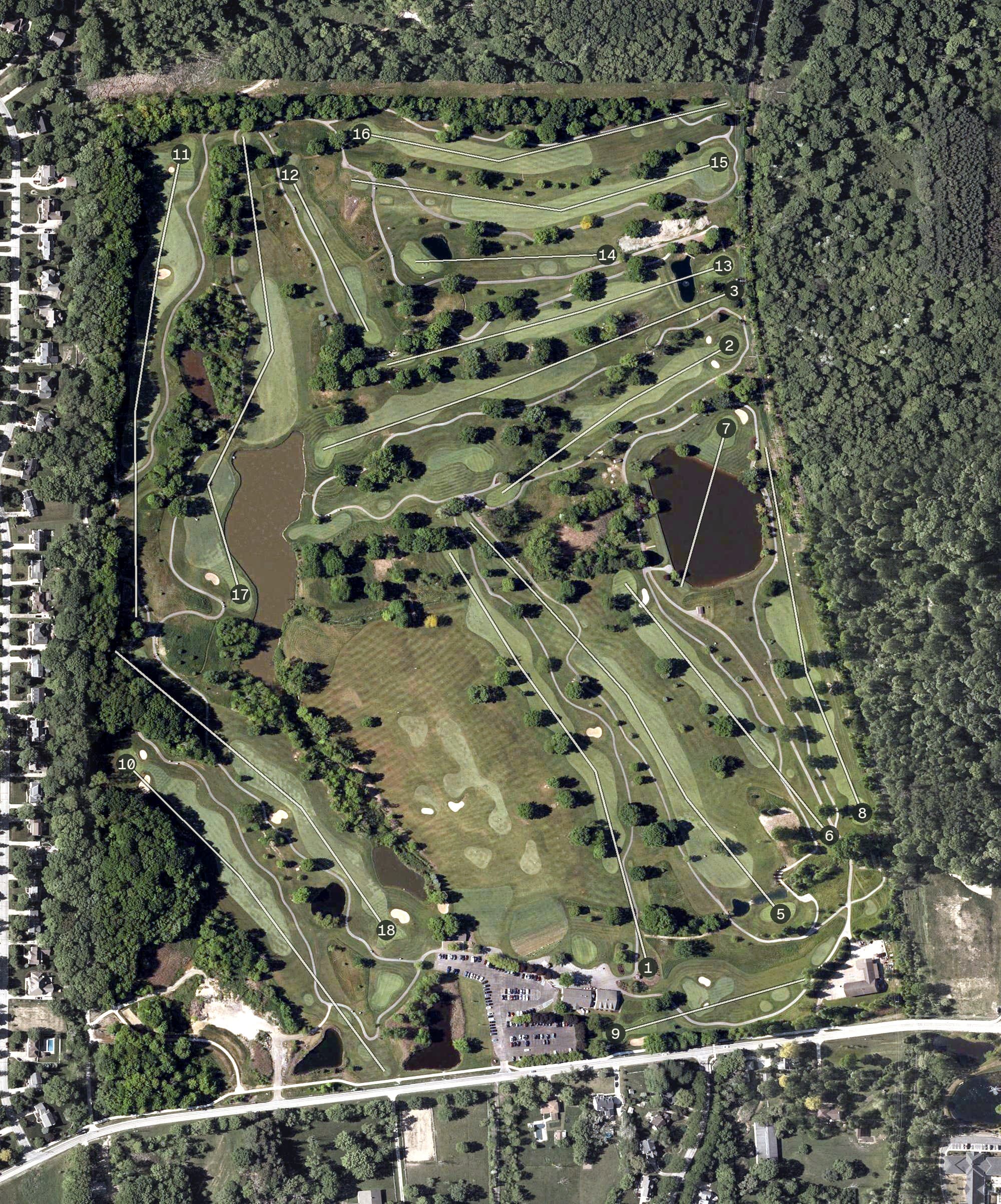 Aerial view of Ellsworth Meadows Golf Club, OH, with its hole routing marked