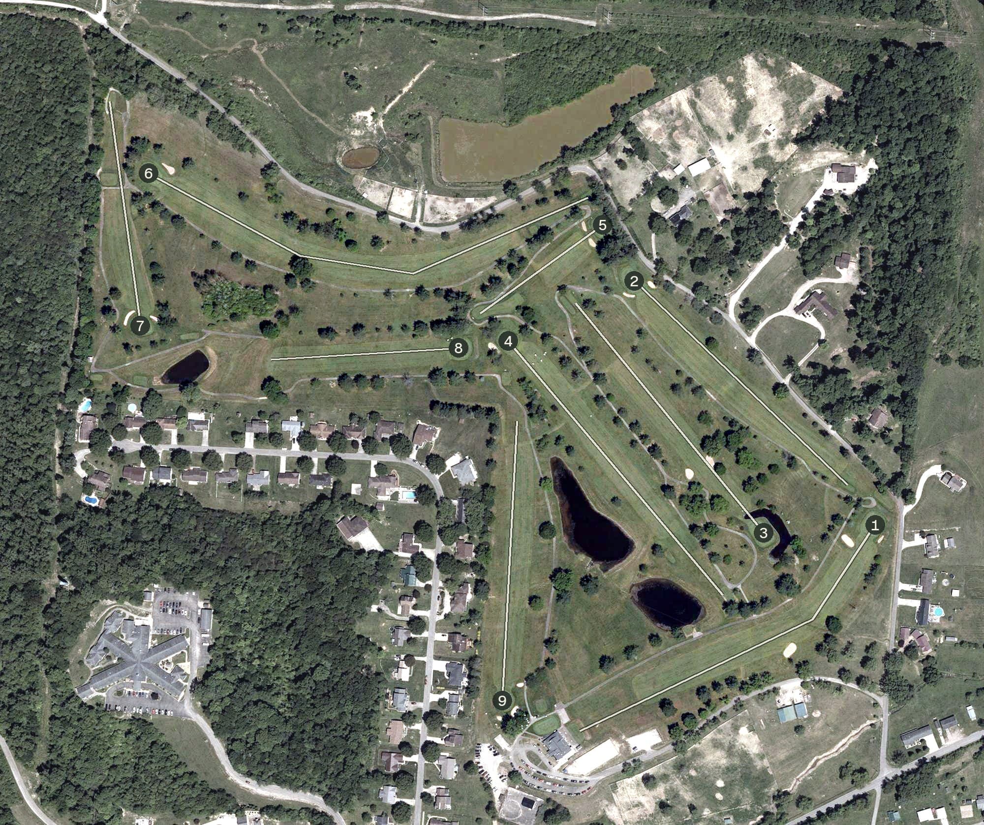 Aerial view of Fairgreens Golf Club, OH, with its hole routing marked