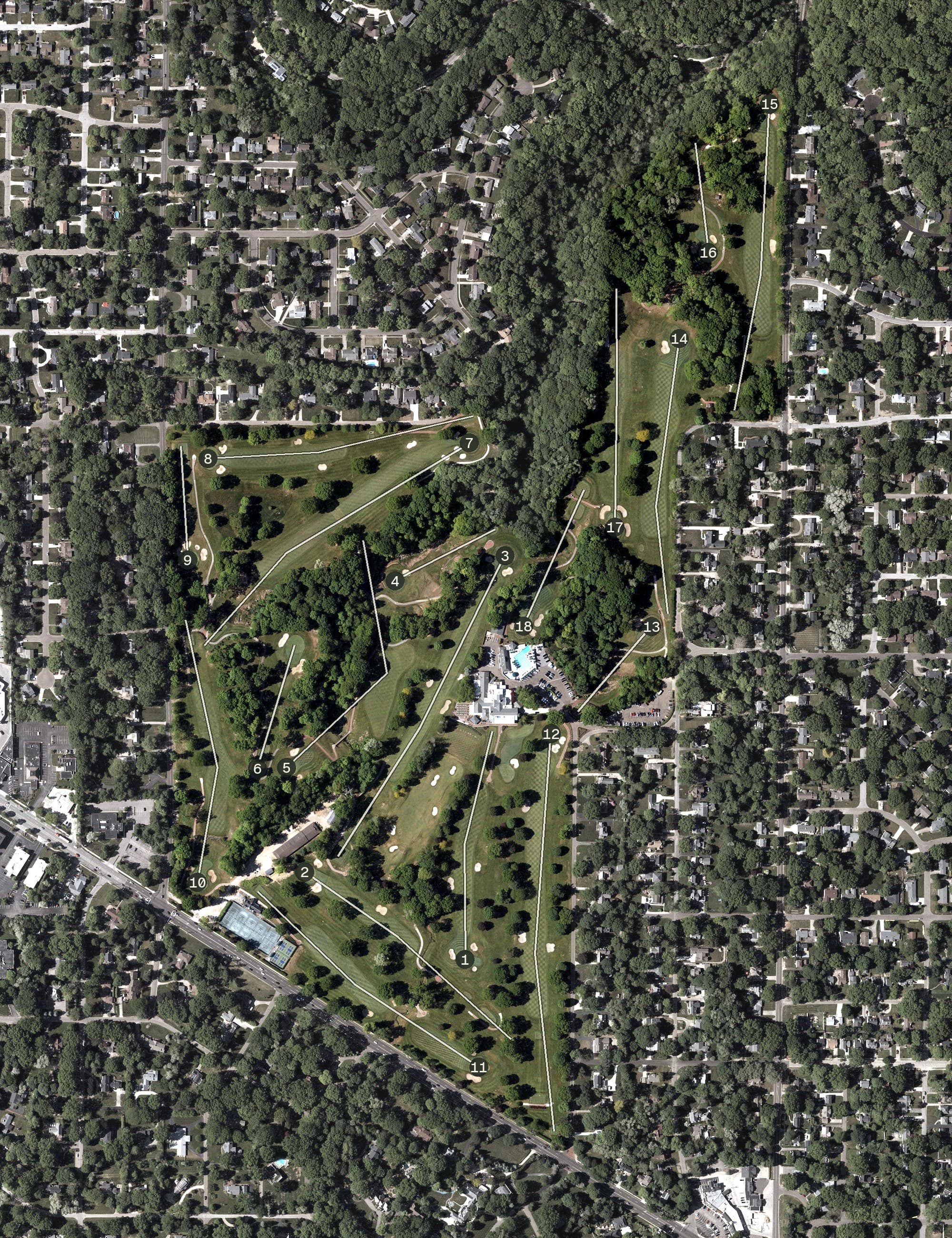 Aerial view of Fairlawn Country Club, OH, with its hole routing marked