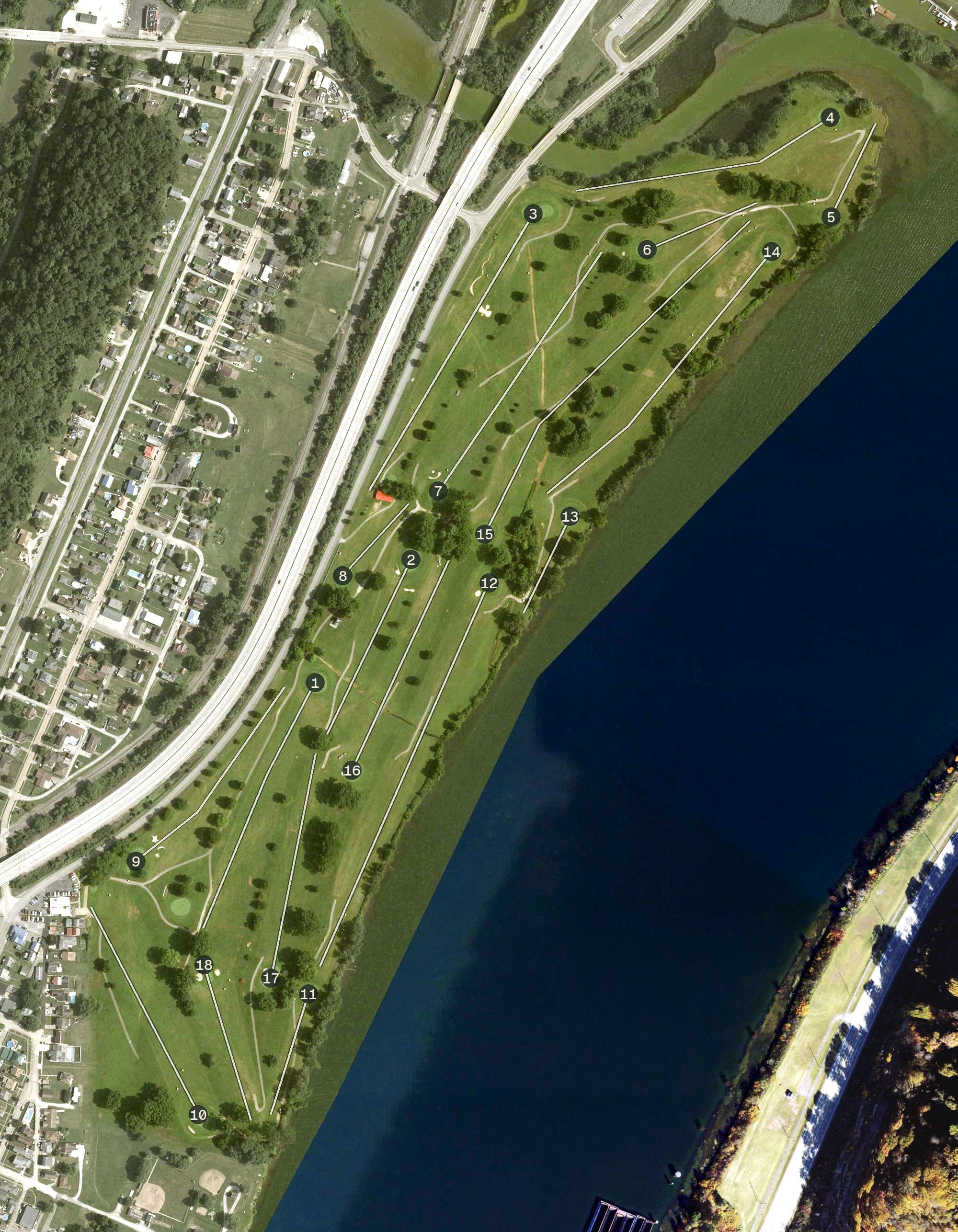 Aerial view of Fairway River Links, OH, with its hole routing marked