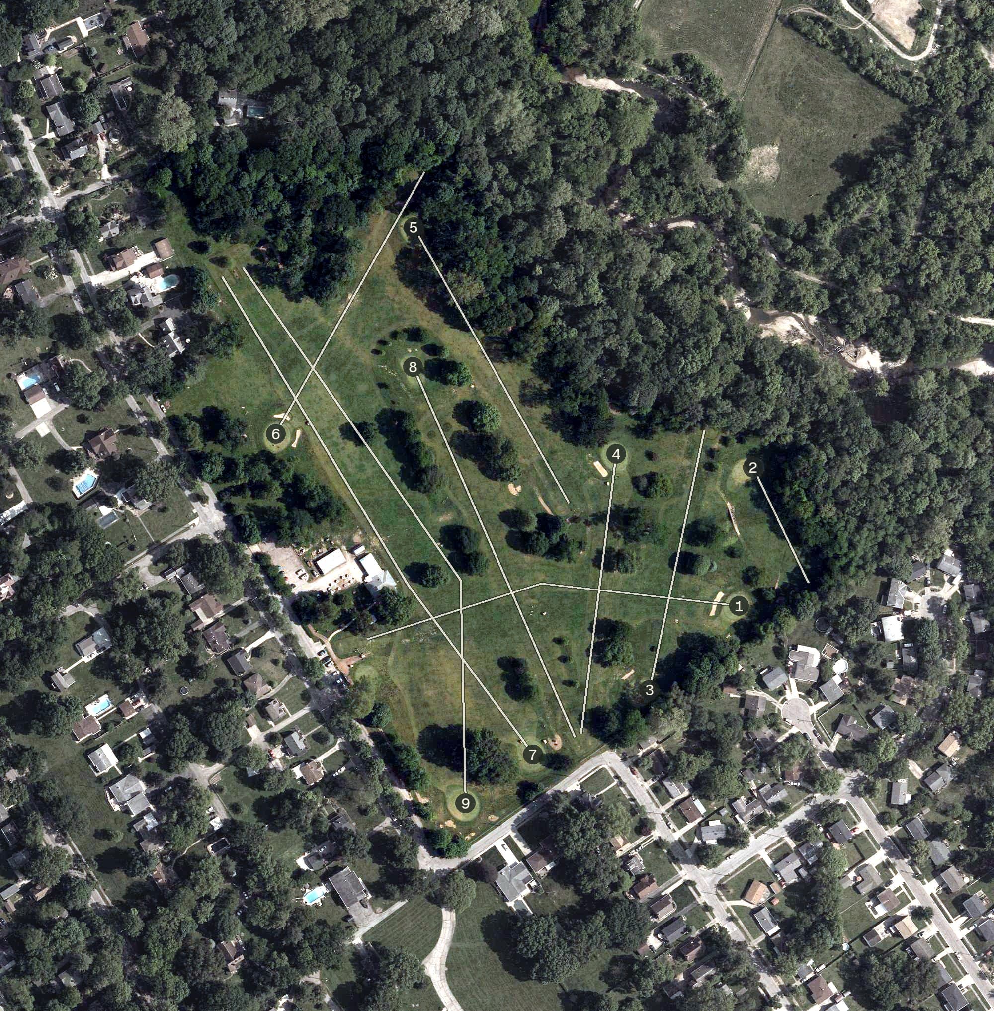Aerial view of Fernbank Golf Course, OH, with its hole routing marked