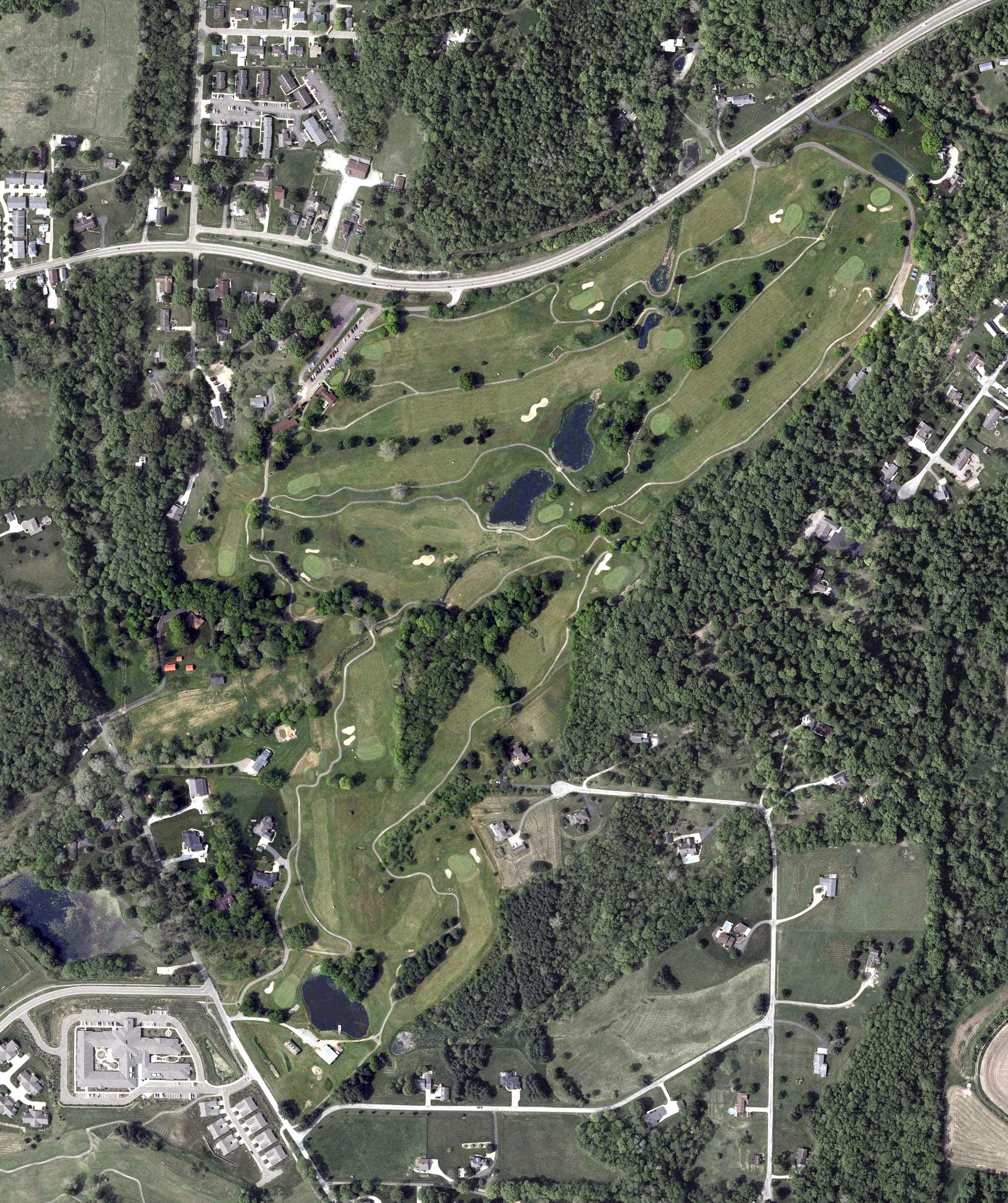 Aerial view of Fire Ridge Golf Course, OH, with its hole routing marked