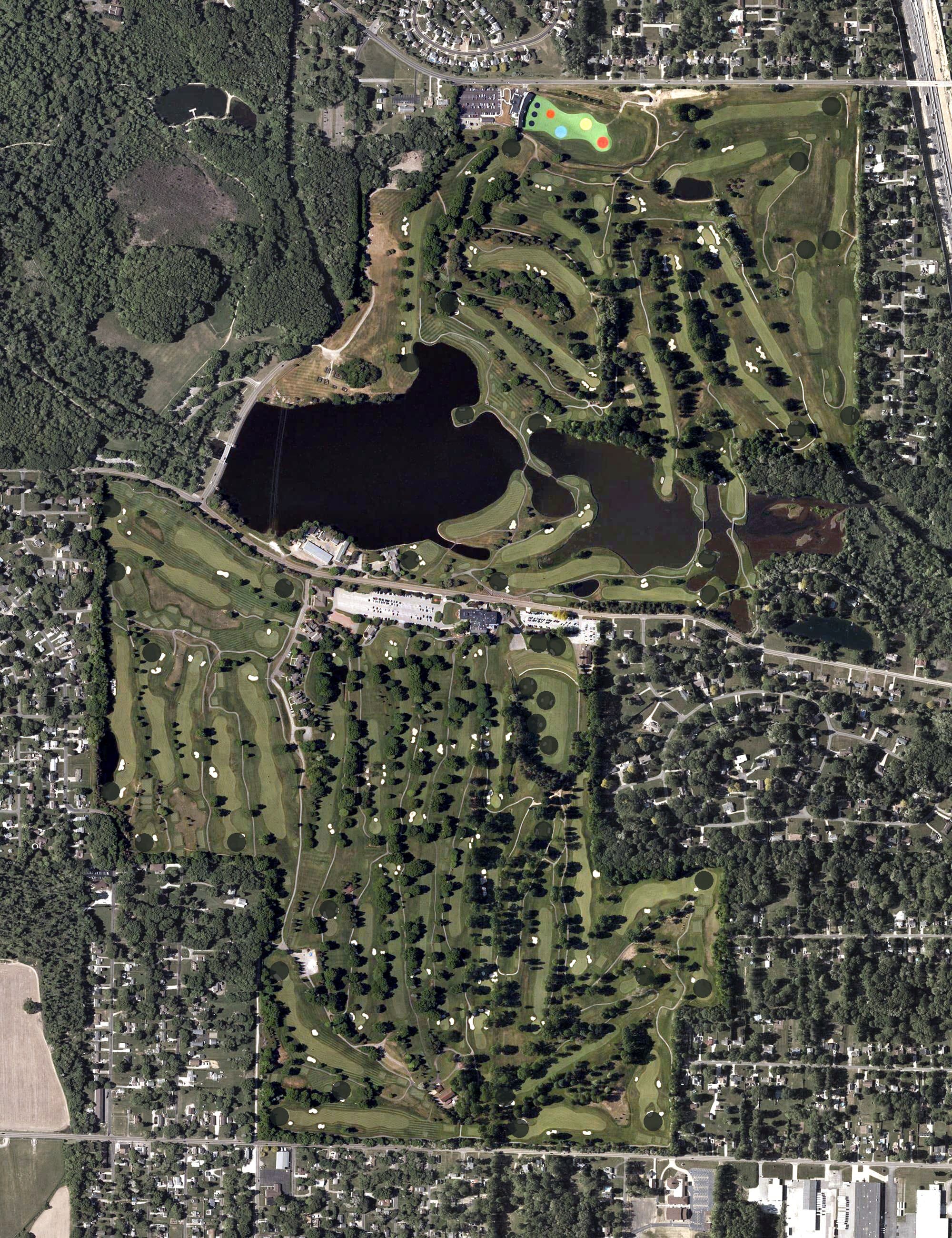 Aerial view of Firestone Country Club, OH, with its hole routing marked