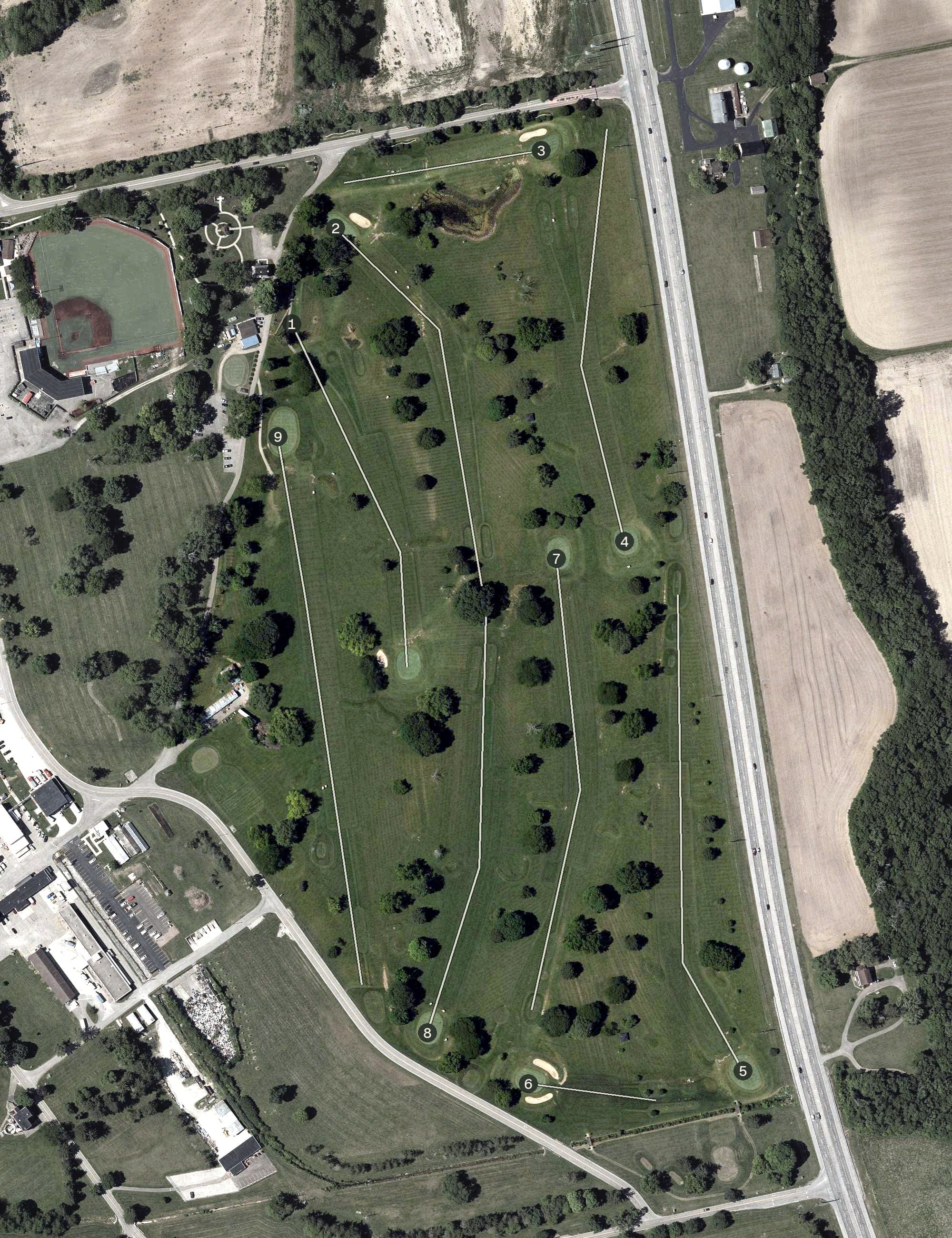 Aerial view of Forest E. Everhart Memorial Golf Course, OH, with its hole routing marked