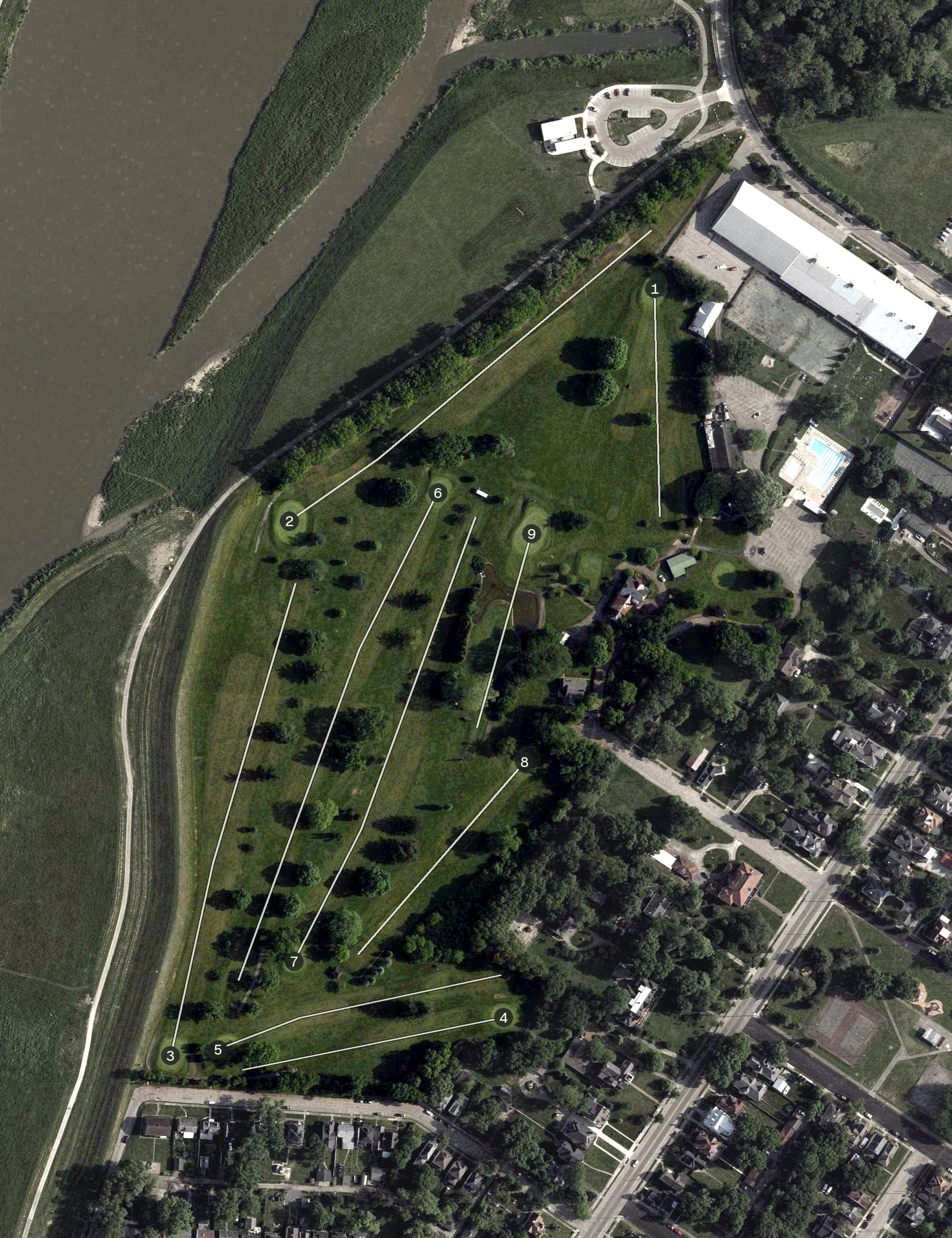 Aerial view of Forest Hills Country Club Vue 791, OH, with its hole routing marked