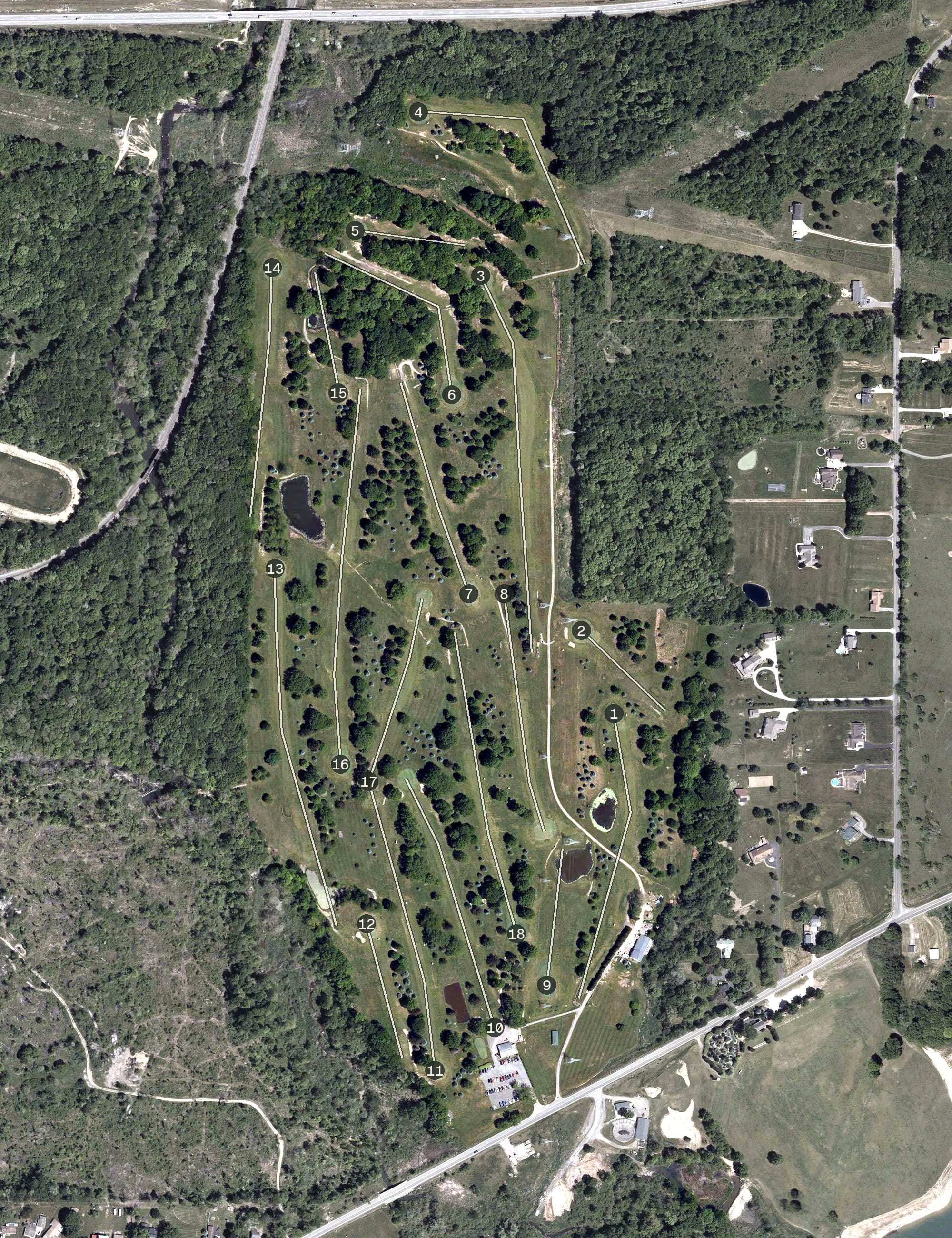 Aerial view of Former Deer Creek Golf Course, OH, with its hole routing marked