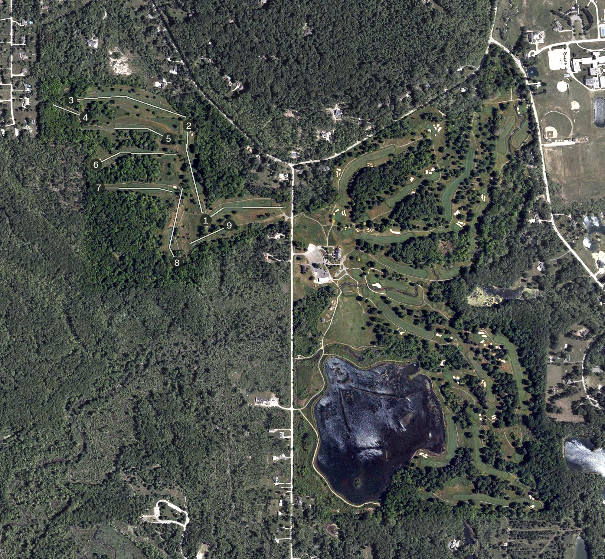 Aerial view of Fowler's Mill Golf Course, OH, with its hole routing marked