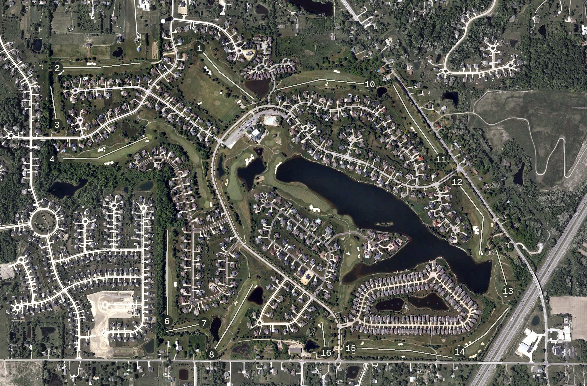 Aerial view of Fox Meadow Golf Course, OH, with its hole routing marked