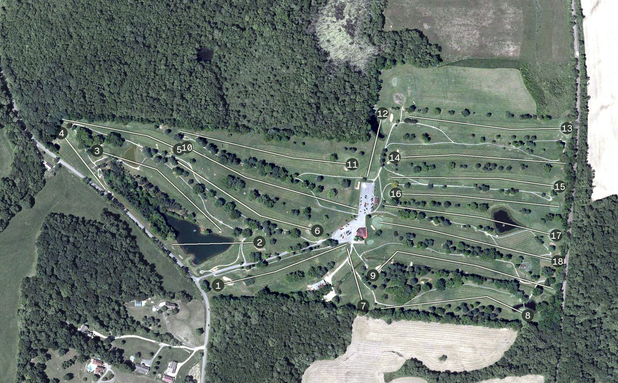 Aerial view of Franklin Valley Golf Club, OH, with its hole routing marked