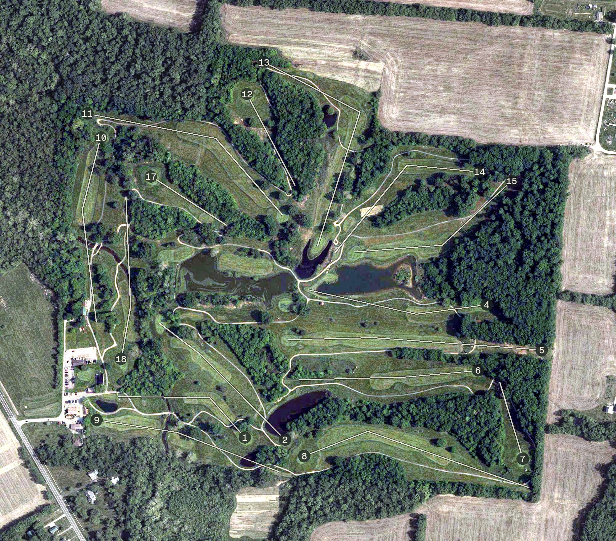 Aerial view of Friendly Meadows Golf Course, OH, with its hole routing marked