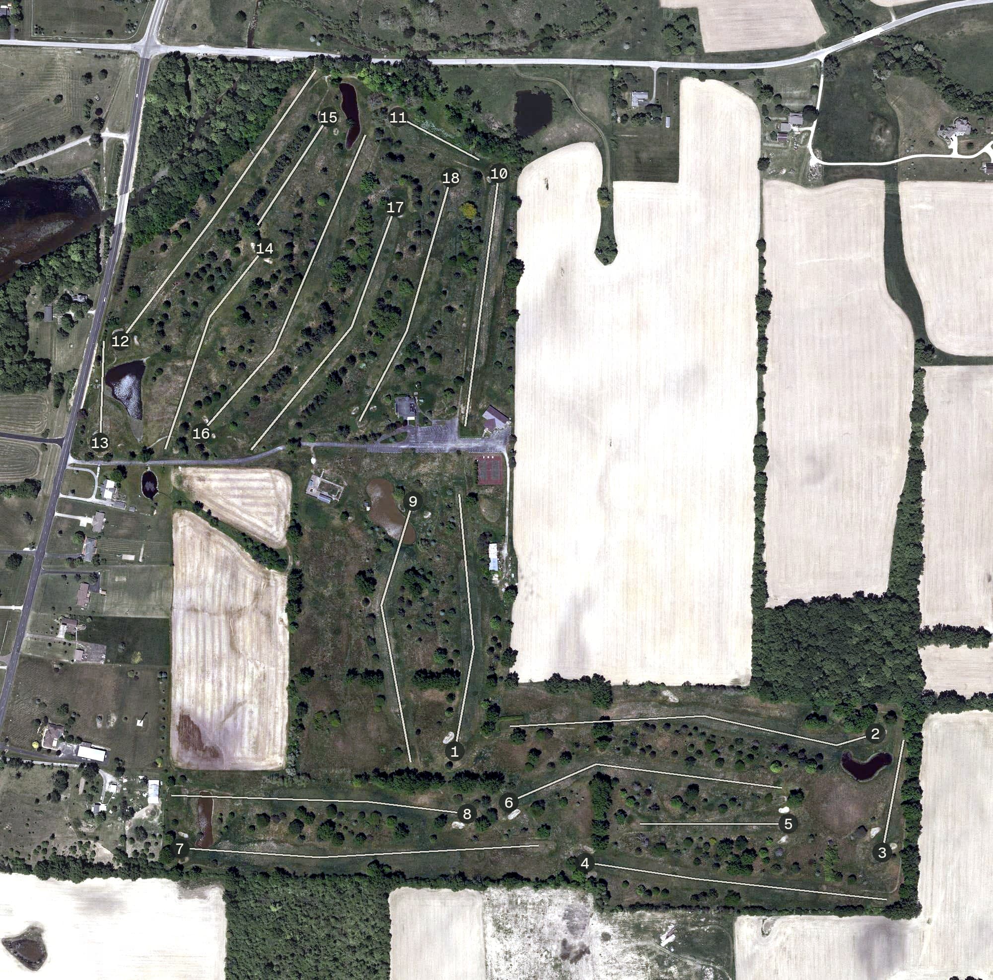 Aerial view of Galion Country Club, OH, with its hole routing marked