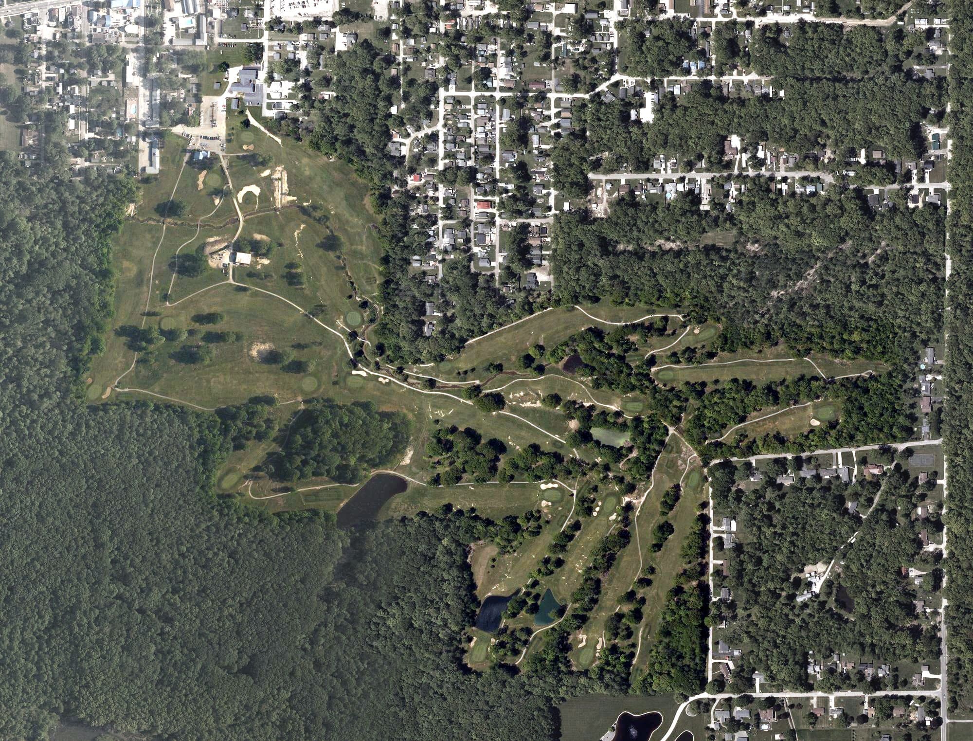 Aerial view of Geneva on-the Lake Village Golf Course, OH, with its hole routing marked