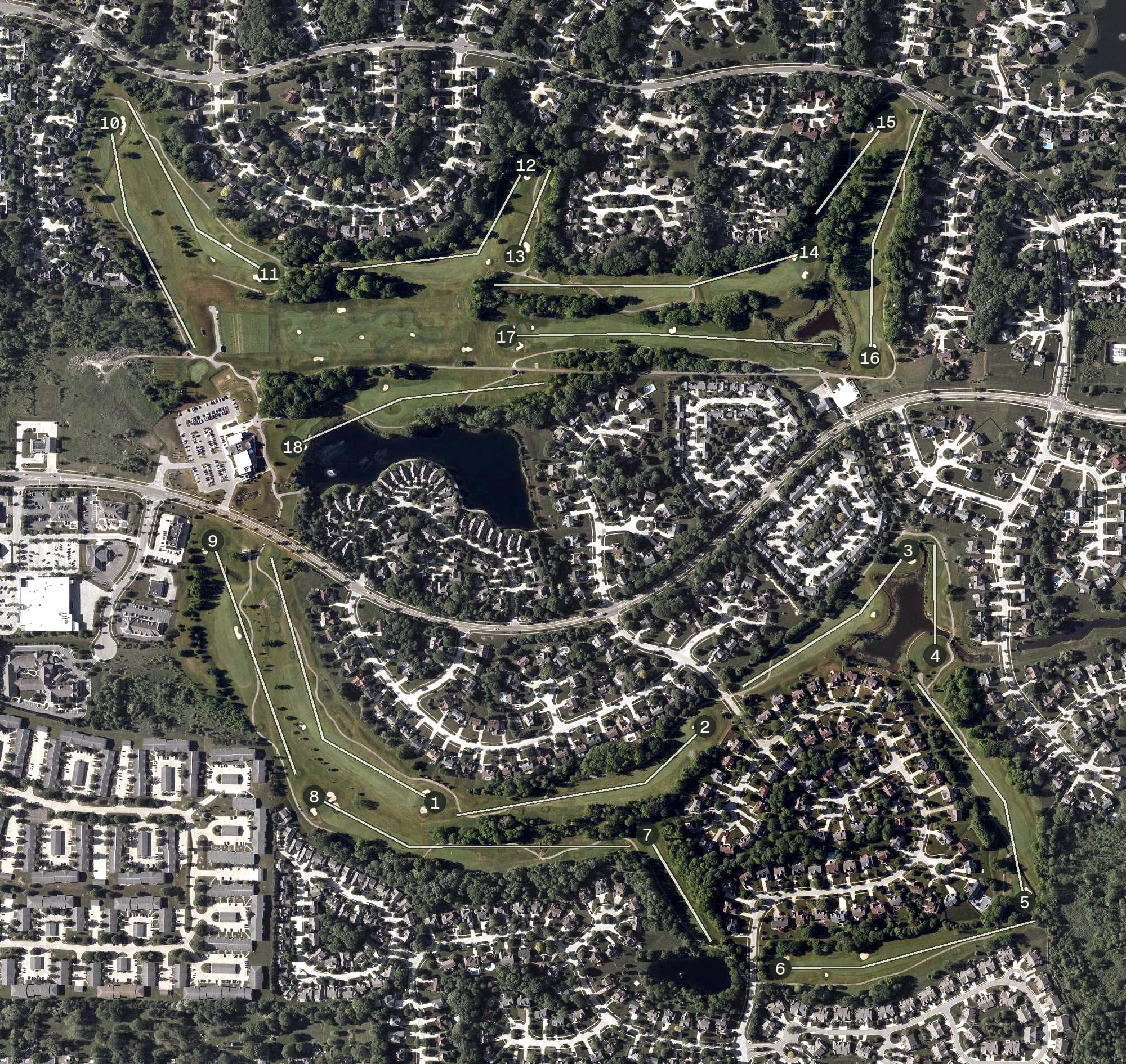 Aerial view of Gleneagles Golf Club, OH, with its hole routing marked